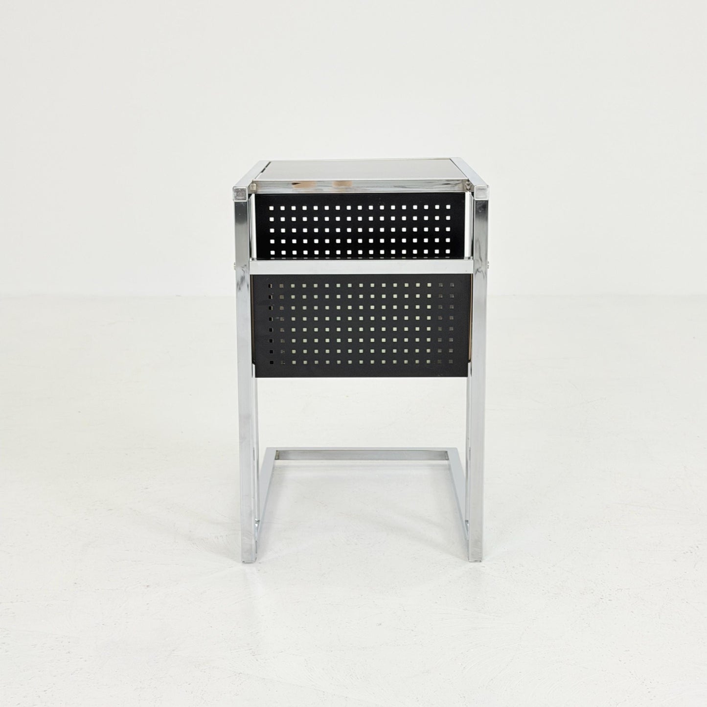 Mid-Century Style Italian Side Table & Magazine Rack | Chrome Black Glass | Italy