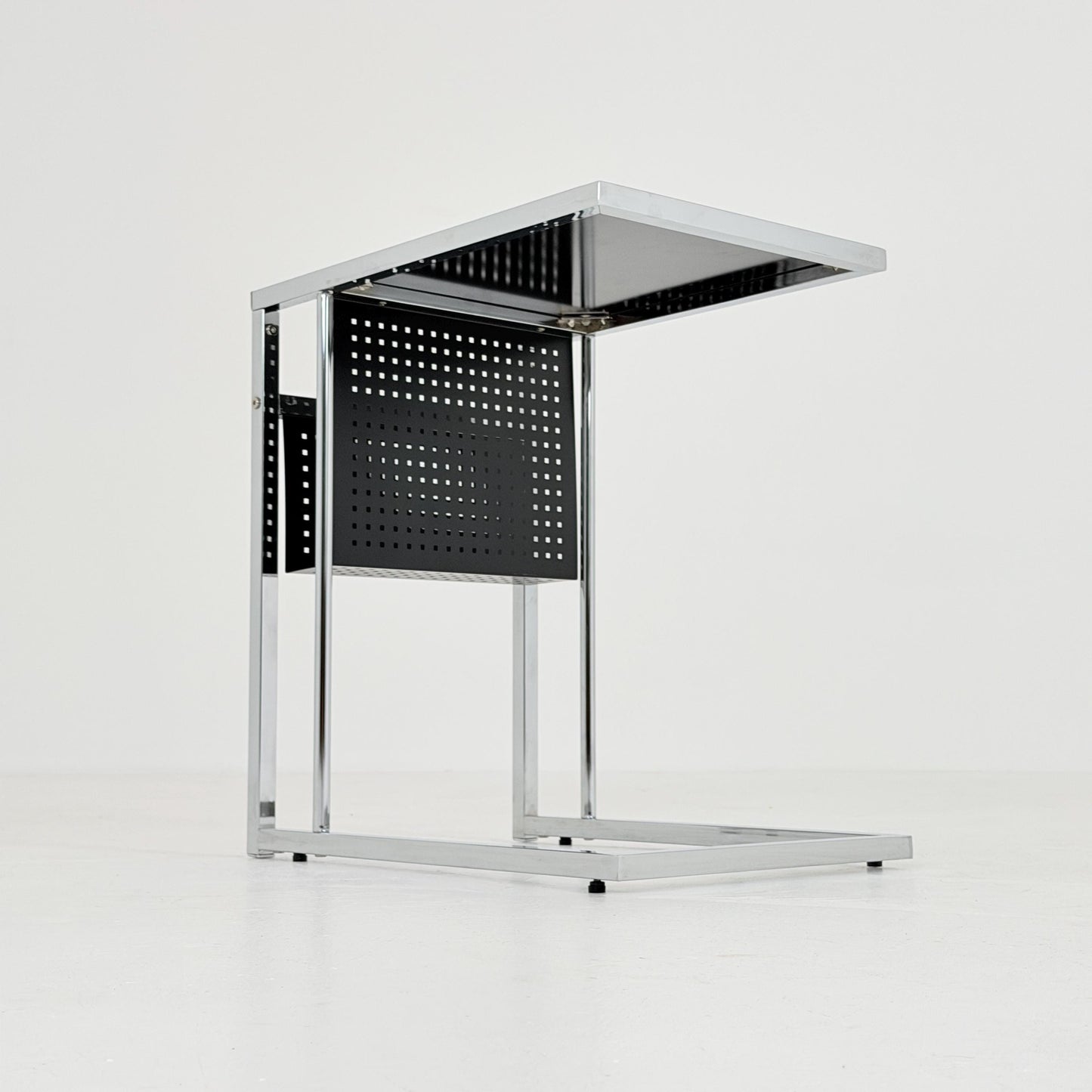 Mid-Century Style Italian Side Table & Magazine Rack | Chrome Black Glass | Italy