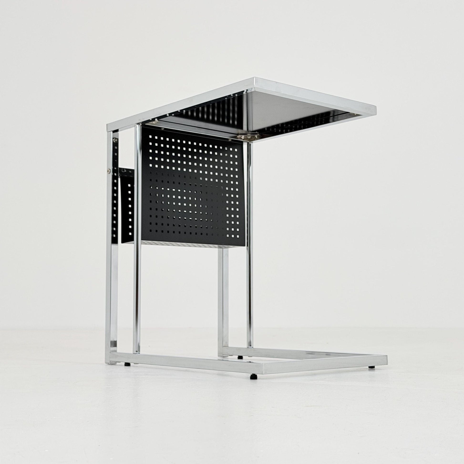 Mid-Century Style Italian Side Table & Magazine Rack | Chrome Black Glass | Italy