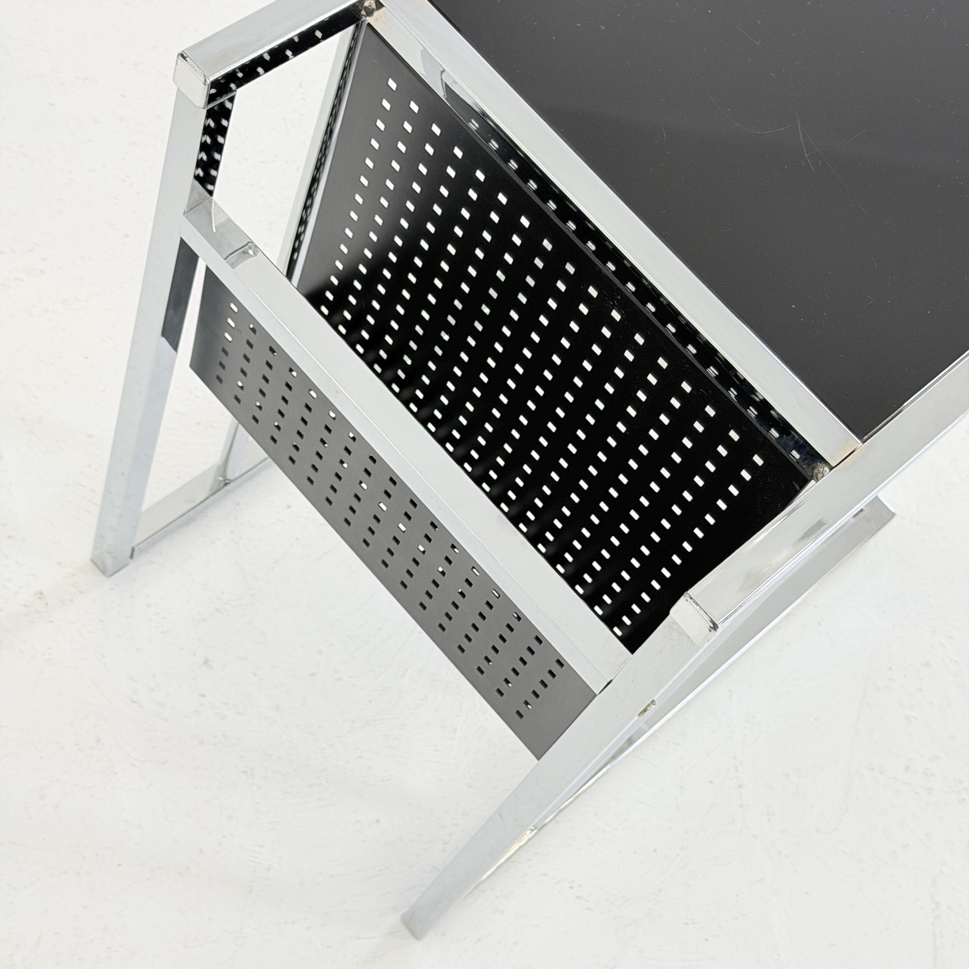 Mid-Century Style Italian Side Table & Magazine Rack | Chrome Black Glass | Italy