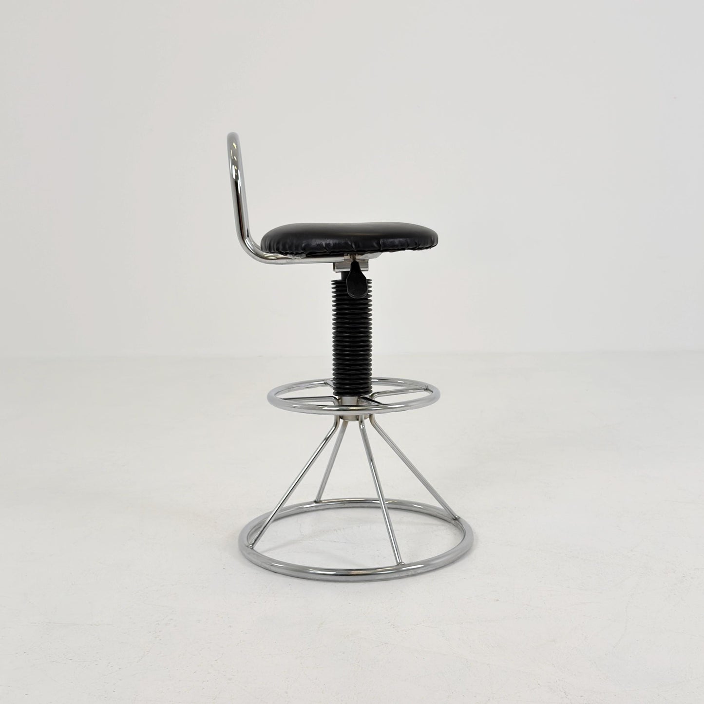 Mid-Century Italian Bar Stool | Chrome Tubular Steel & Black Faux Leather | 1980s Italy