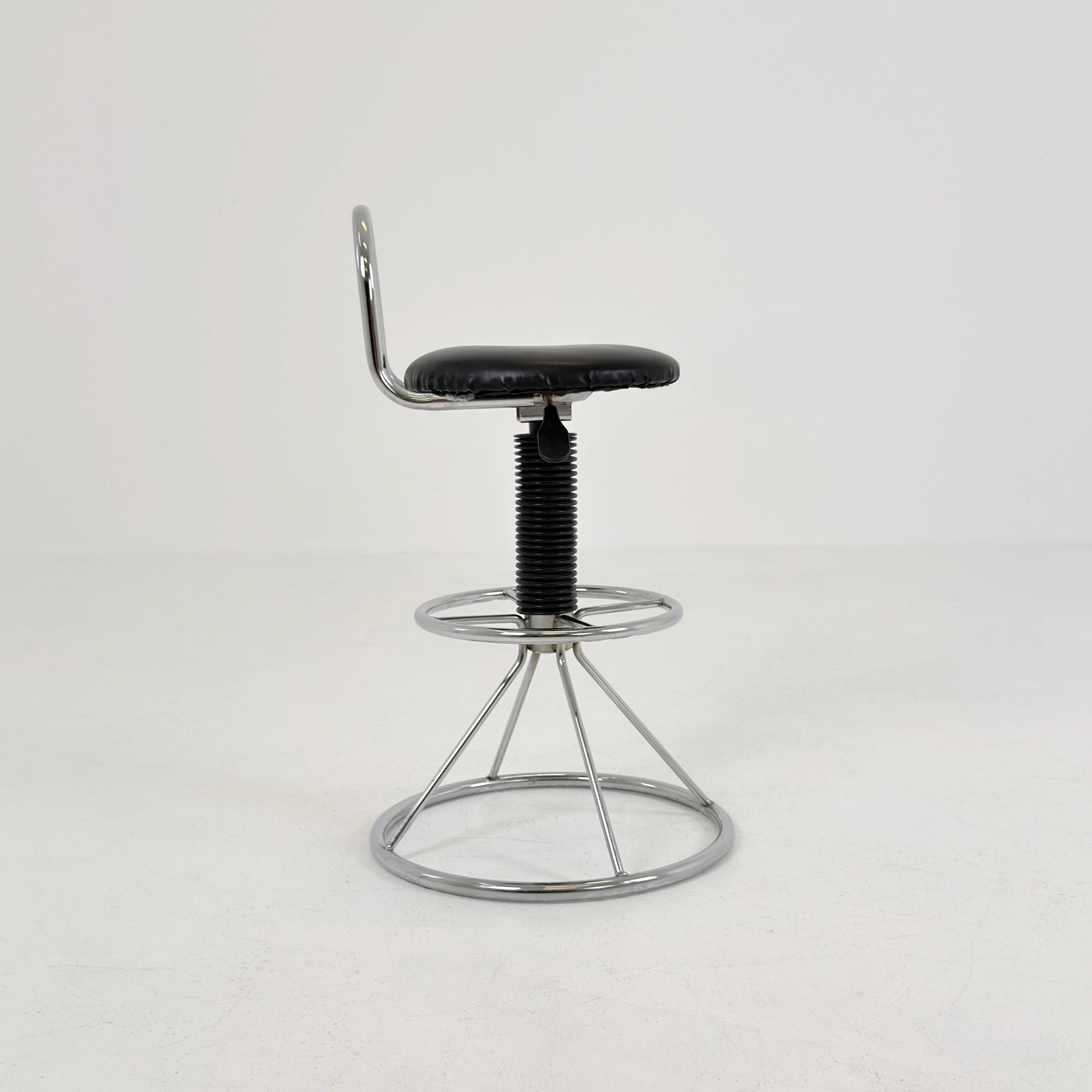 Mid-Century Italian Bar Stool | Chrome Tubular Steel & Black Faux Leather | 1980s Italy