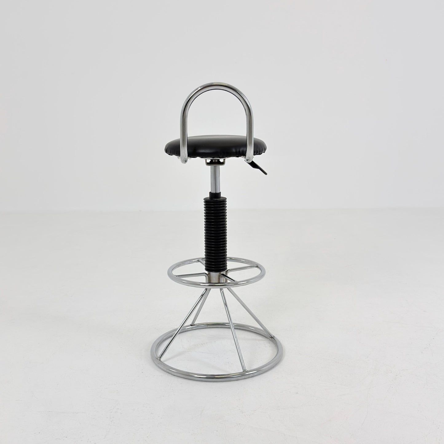 Mid-Century Italian Bar Stool | Chrome Tubular Steel & Black Faux Leather | 1980s Italy