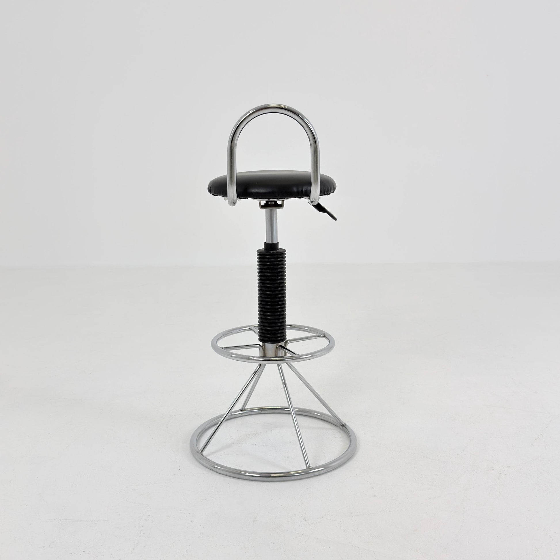 Mid-Century Italian Bar Stool | Chrome Tubular Steel & Black Faux Leather | 1980s Italy
