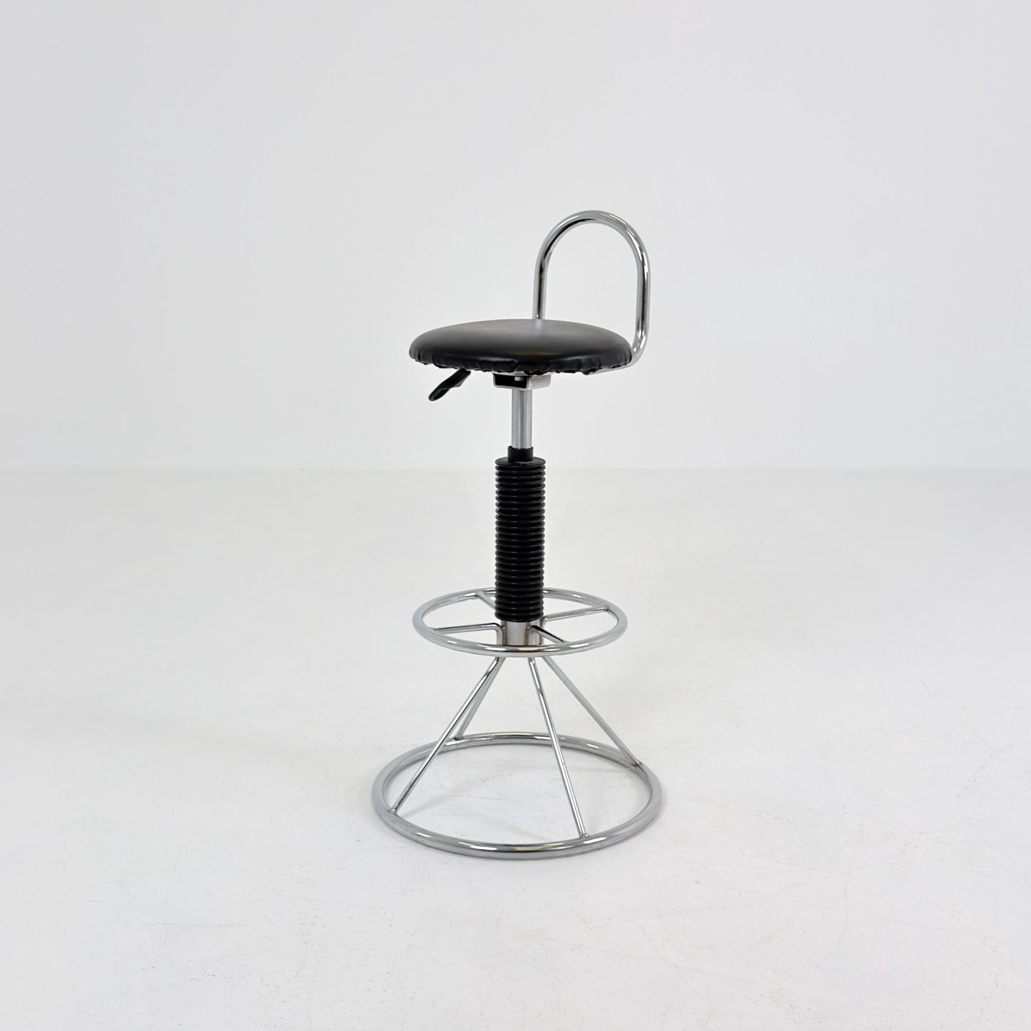 Mid-Century Italian Bar Stool | Chrome Tubular Steel & Black Faux Leather | 1980s Italy
