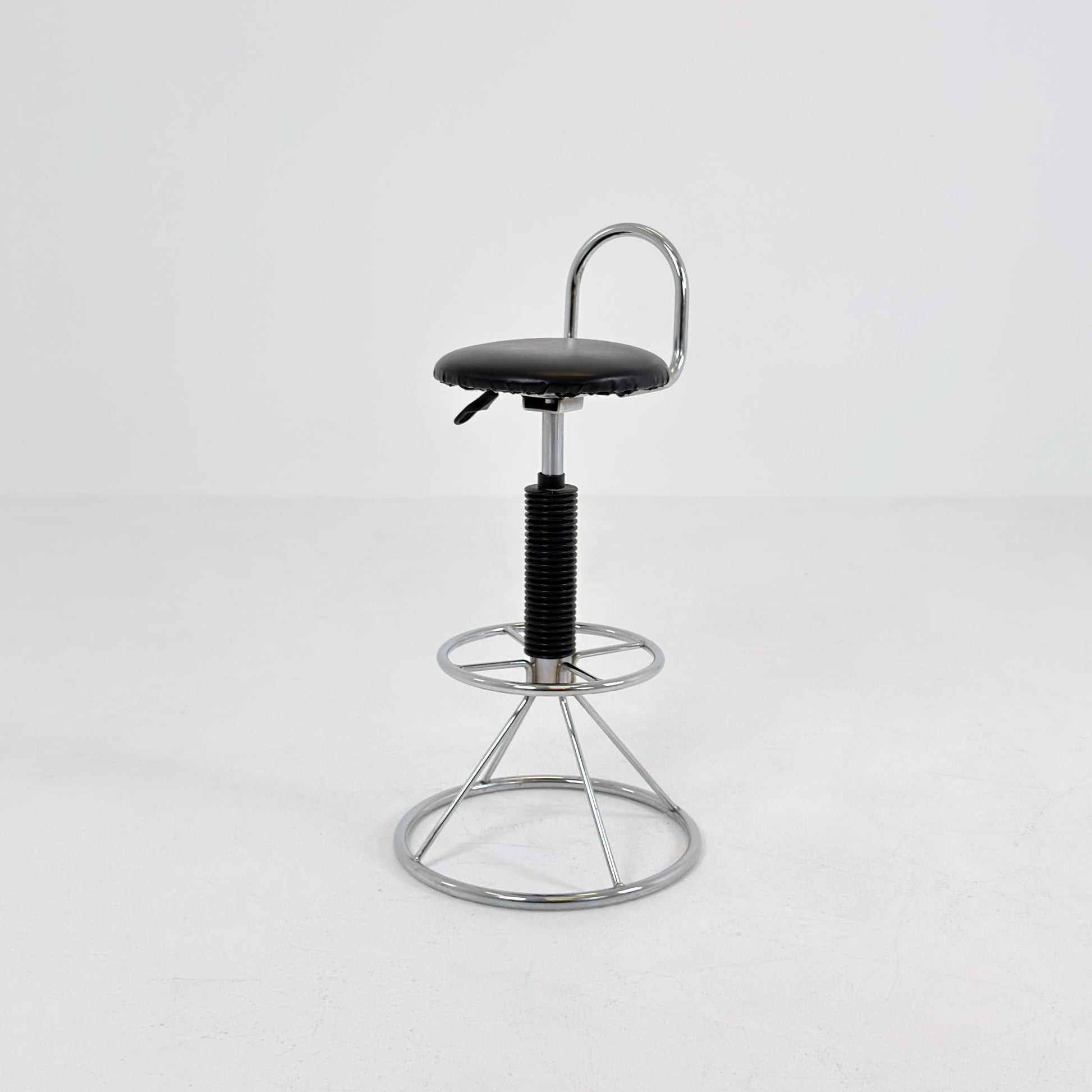 Mid-Century Italian Bar Stool | Chrome Tubular Steel & Black Faux Leather | 1980s Italy