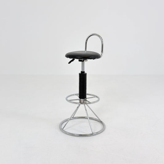 Mid-Century Italian Bar Stool | Chrome Tubular Steel & Black Faux Leather | 1980s Italy