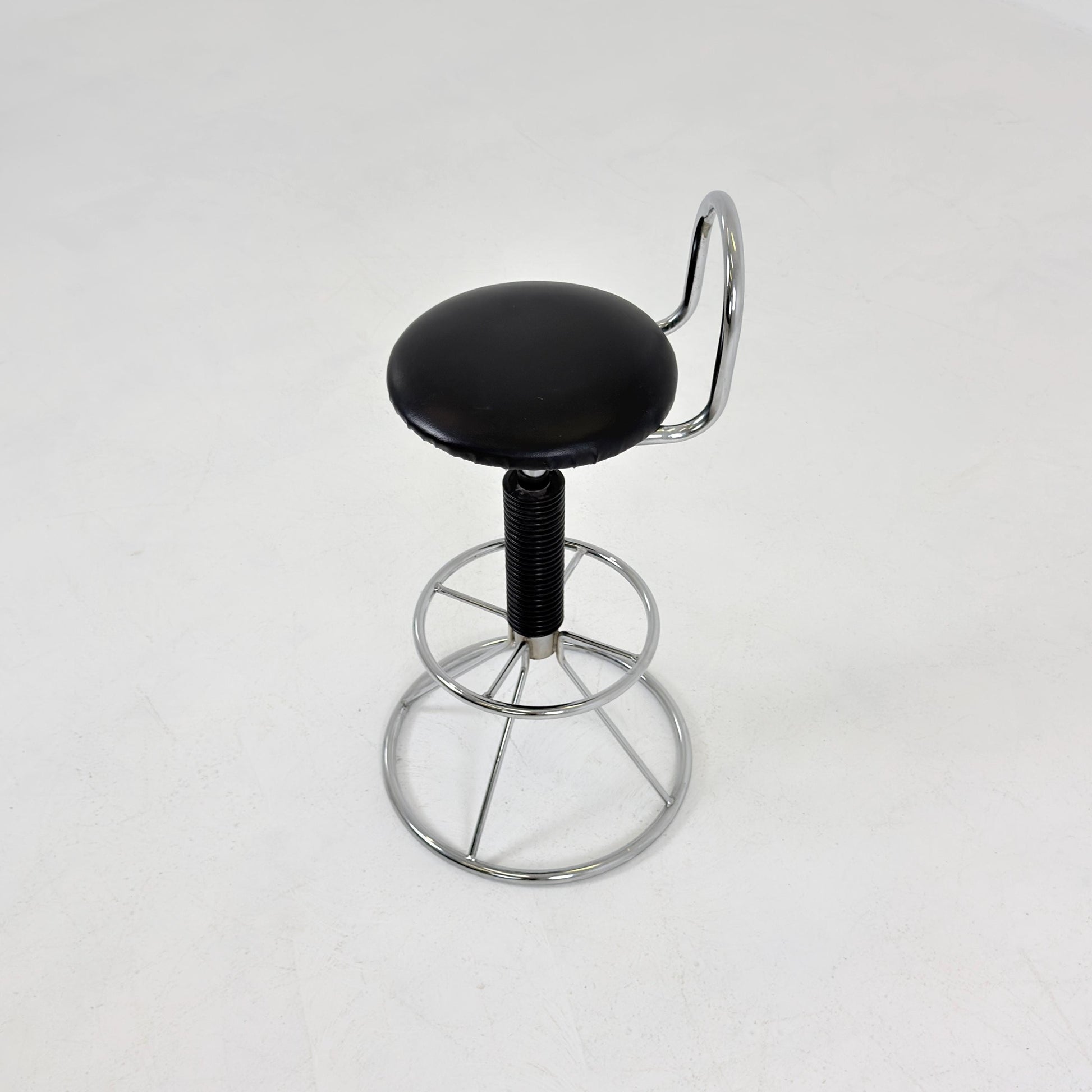 Mid-Century Italian Bar Stool | Chrome Tubular Steel & Black Faux Leather | 1980s Italy