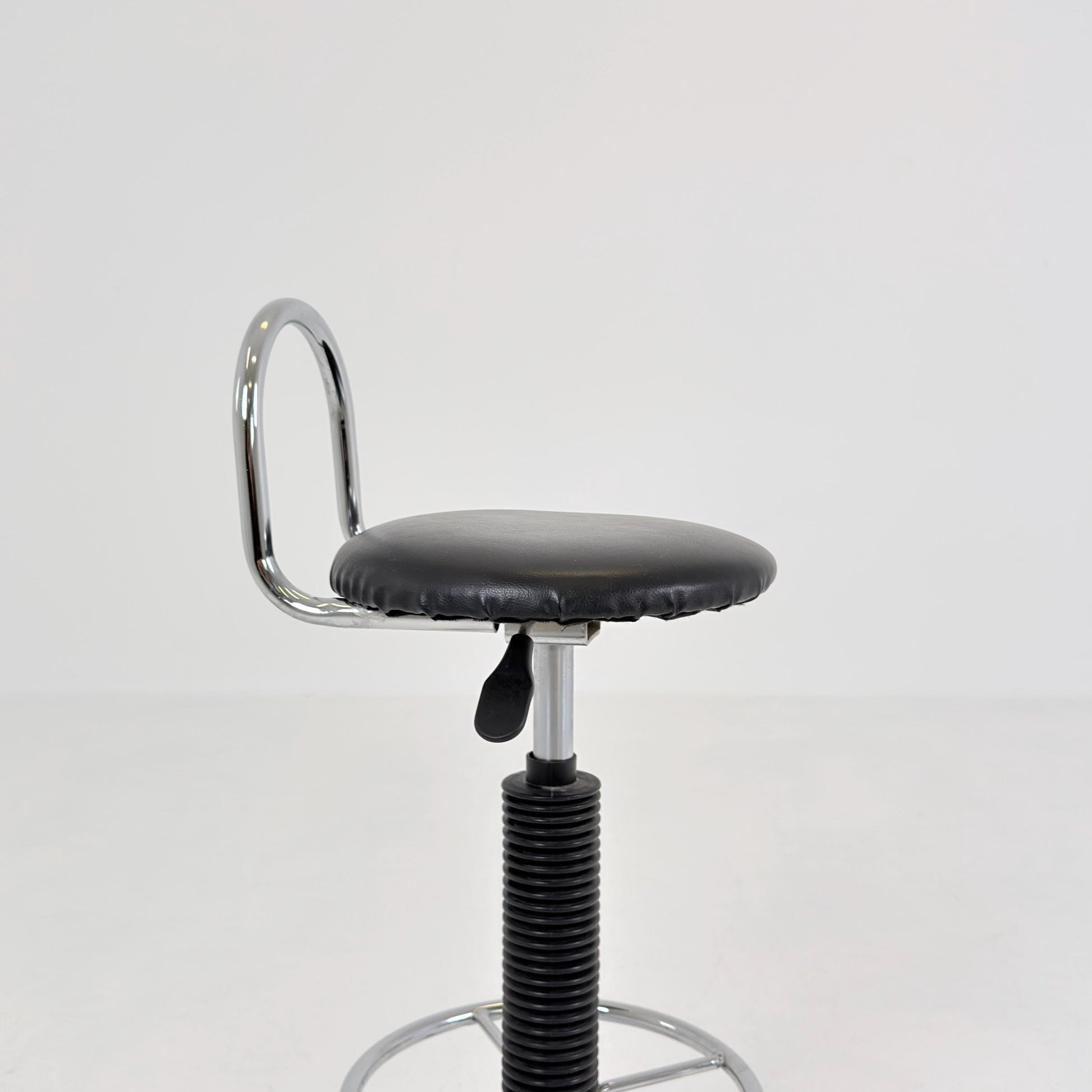 Mid-Century Italian Bar Stool | Chrome Tubular Steel & Black Faux Leather | 1980s Italy
