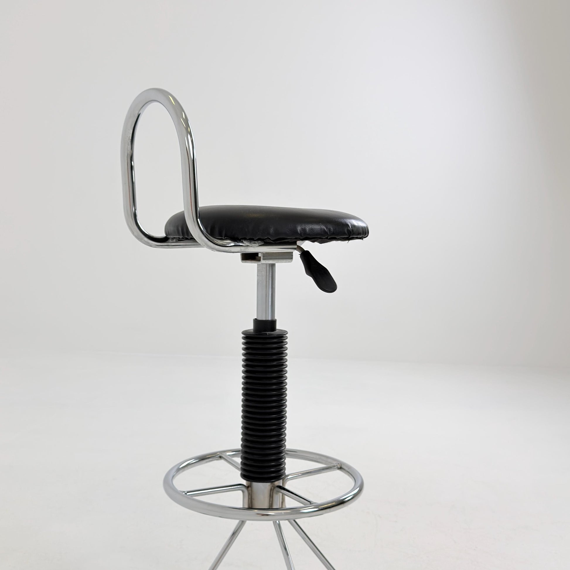 Mid-Century Italian Bar Stool | Chrome Tubular Steel & Black Faux Leather | 1980s Italy