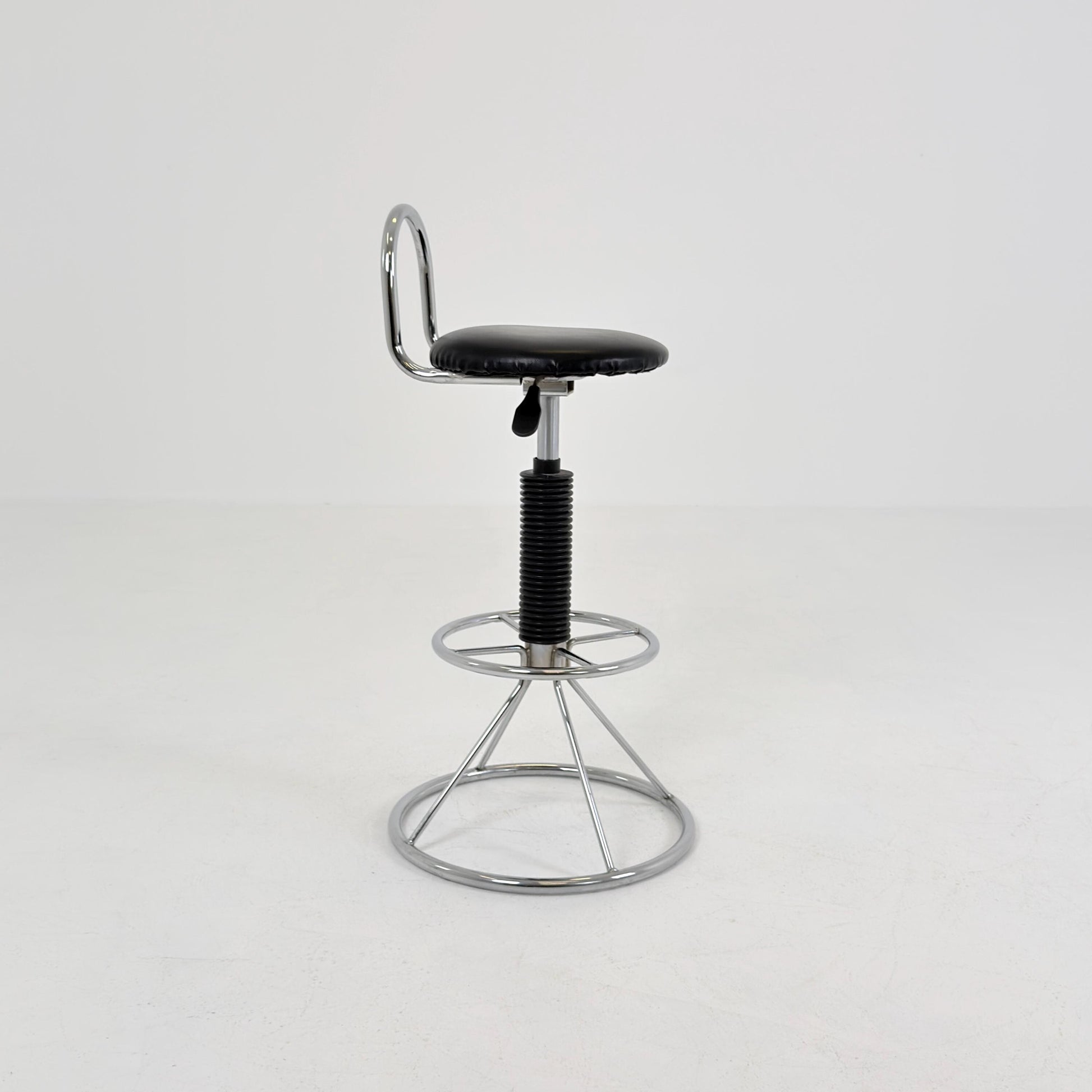 Mid-Century Italian Bar Stool | Chrome Tubular Steel & Black Faux Leather | 1980s Italy