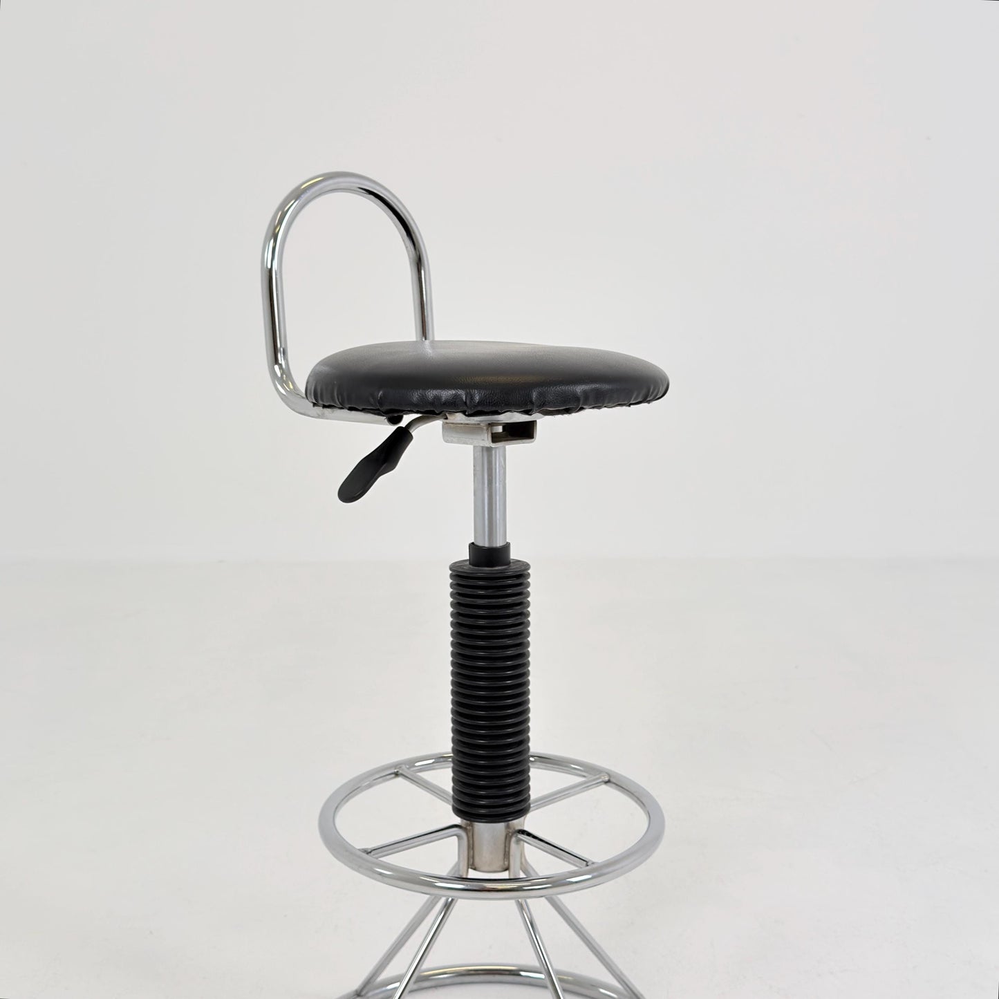 Mid-Century Italian Bar Stool | Chrome Tubular Steel & Black Faux Leather | 1980s Italy