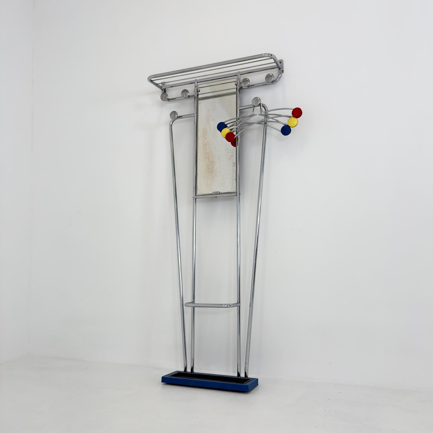Mid-Century Bauhaus Art Deco Aluminum Hall Tree Vintage Coat Rack, Umbrella Stand & Mirror 1930s France