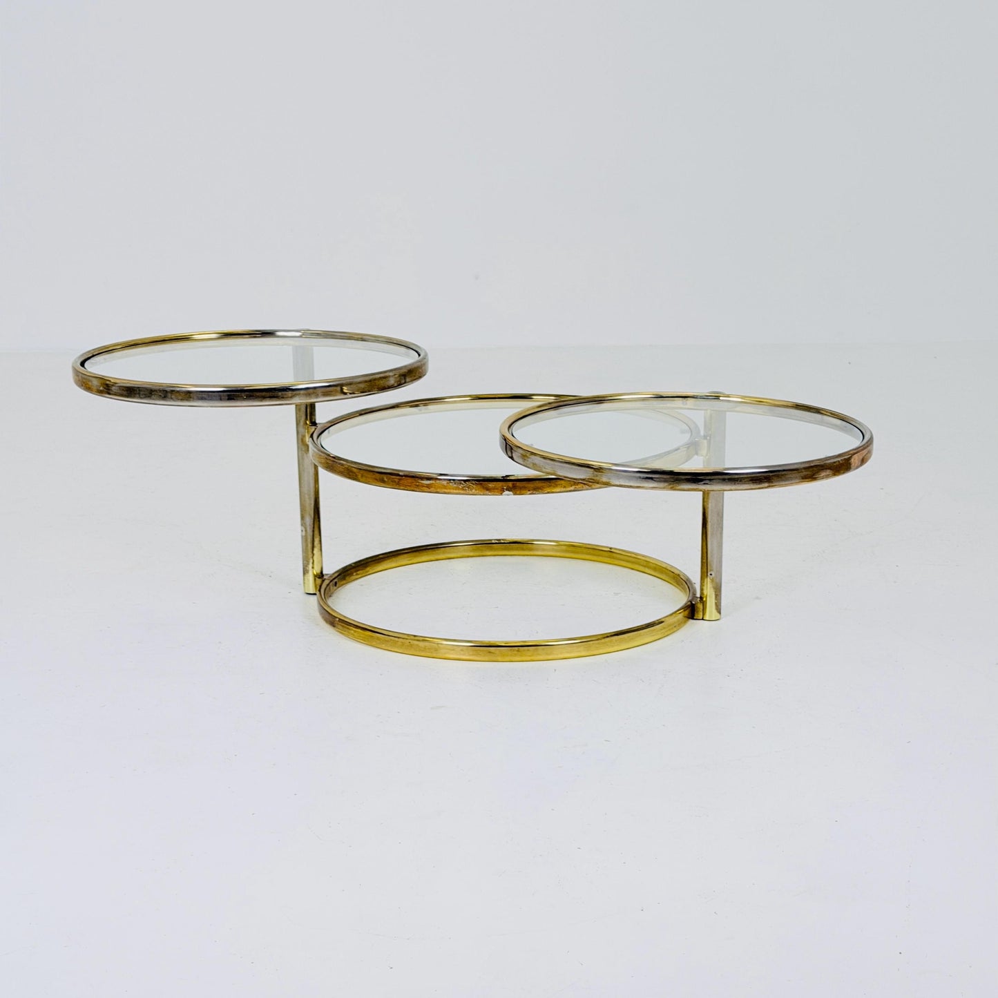 Mid-Century Bauhaus Brass & Glass 3-Tier Swivel Coffee Table | Milo Baughman Style | 1980s Italy