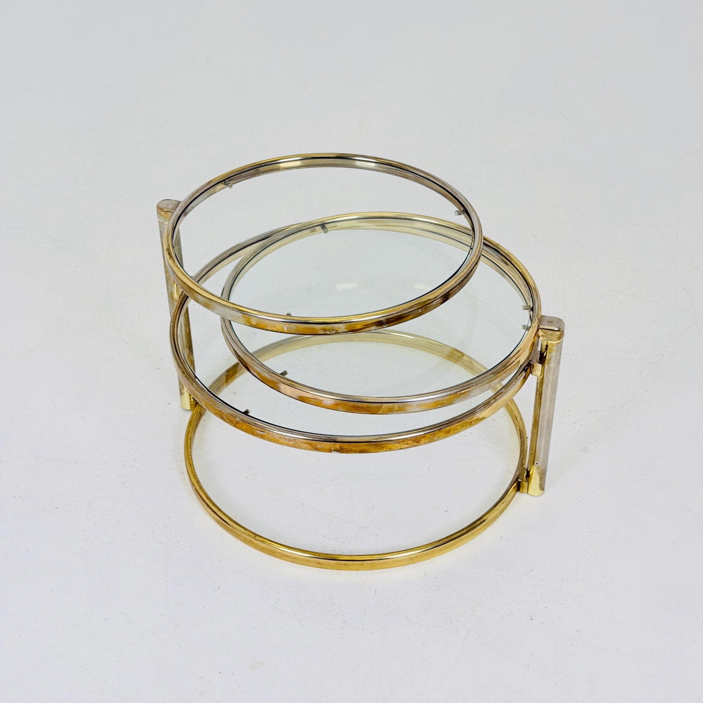 Mid-Century Bauhaus Brass & Glass 3-Tier Swivel Coffee Table | Milo Baughman Style | 1980s Italy