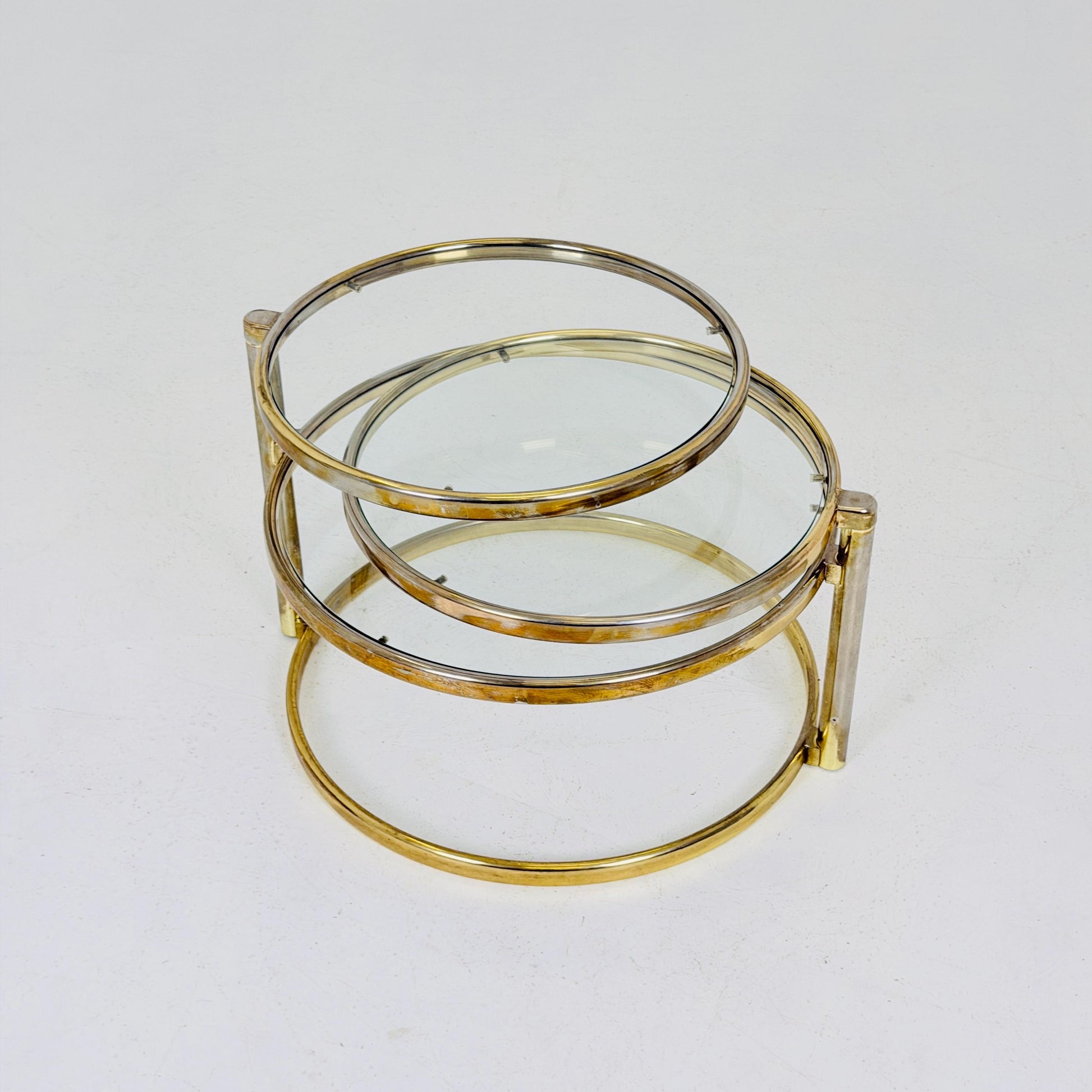 Mid-Century Bauhaus Brass & Glass 3-Tier Swivel Coffee Table | Milo Baughman Style | 1980s Italy