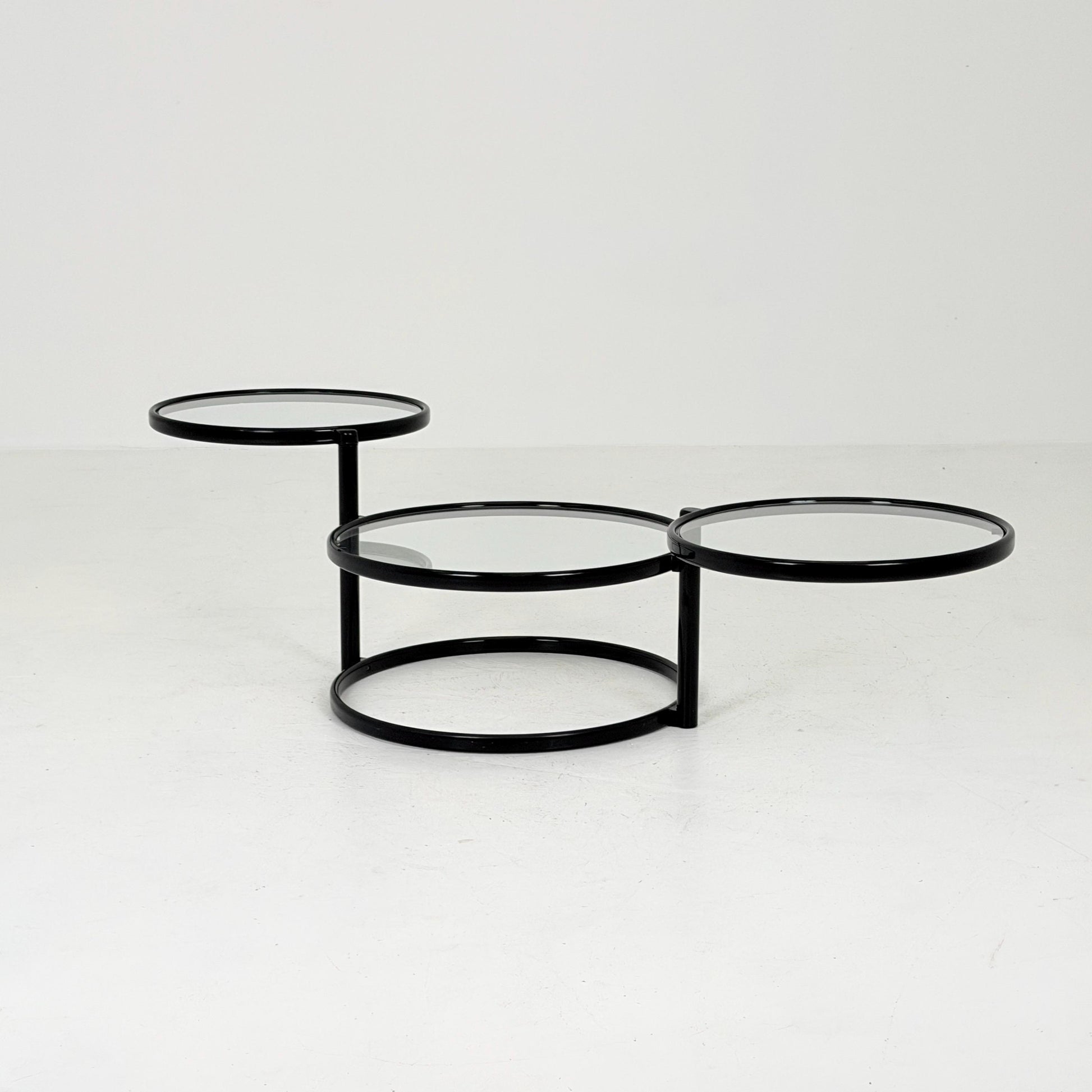 Mid-Century Bauhaus black & Glass 3-Tier Swivel Coffee Table | Milo Baughman Style | 1980s Italy