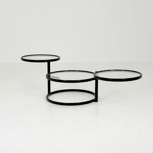 Mid-Century Bauhaus black & Glass 3-Tier Swivel Coffee Table | Milo Baughman Style | 1980s Italy