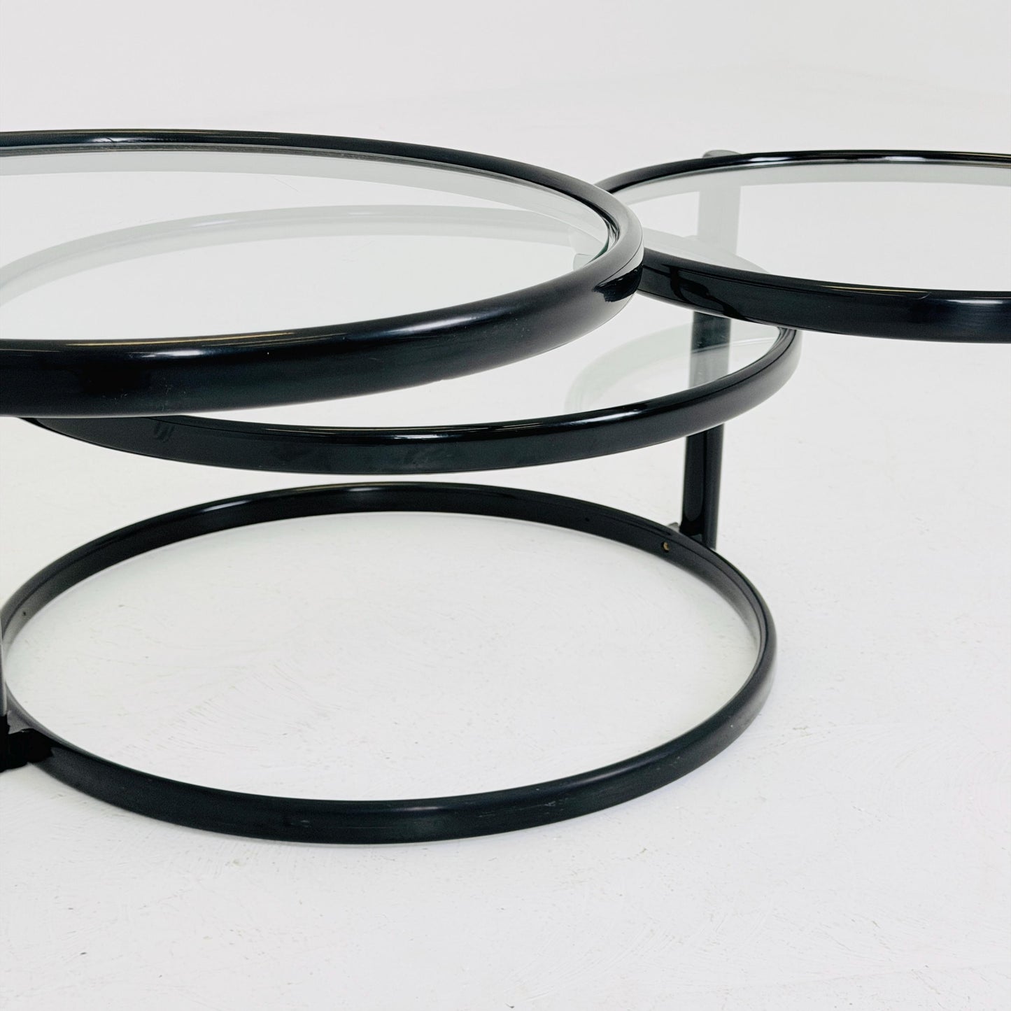 Mid-Century Bauhaus black & Glass 3-Tier Swivel Coffee Table | Milo Baughman Style | 1980s Italy