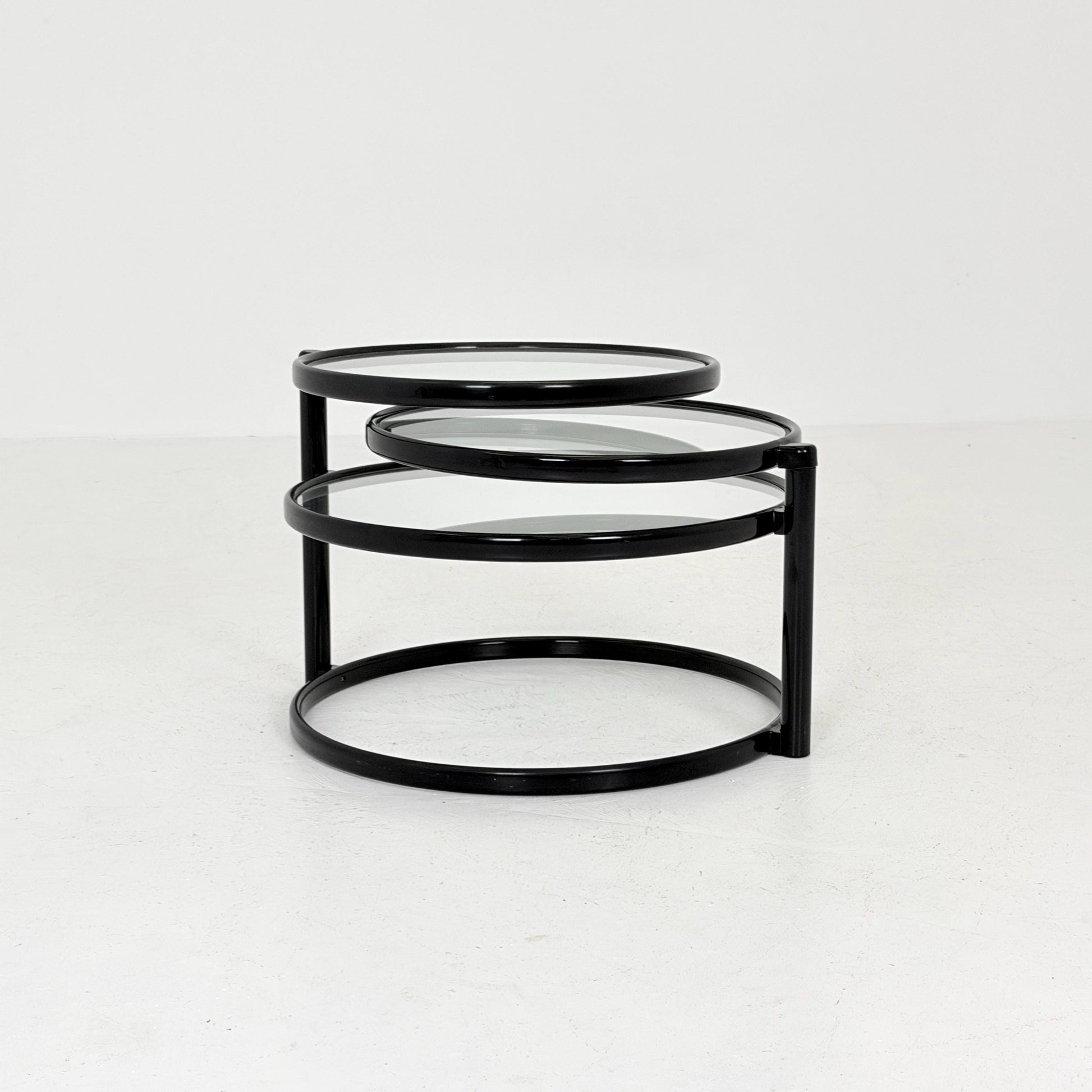 Mid-Century Bauhaus black & Glass 3-Tier Swivel Coffee Table | Milo Baughman Style | 1980s Italy
