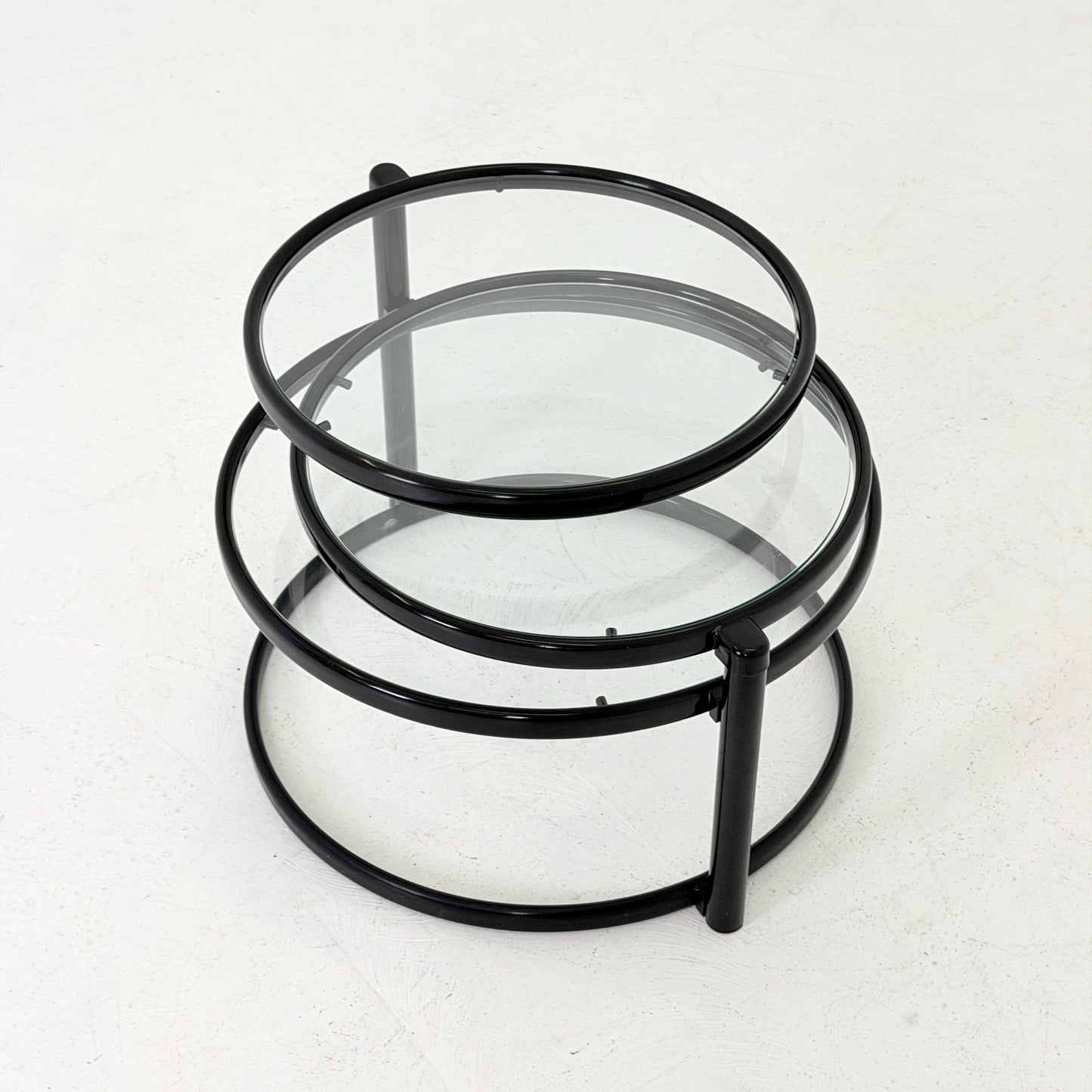 Mid-Century Bauhaus black & Glass 3-Tier Swivel Coffee Table | Milo Baughman Style | 1980s Italy