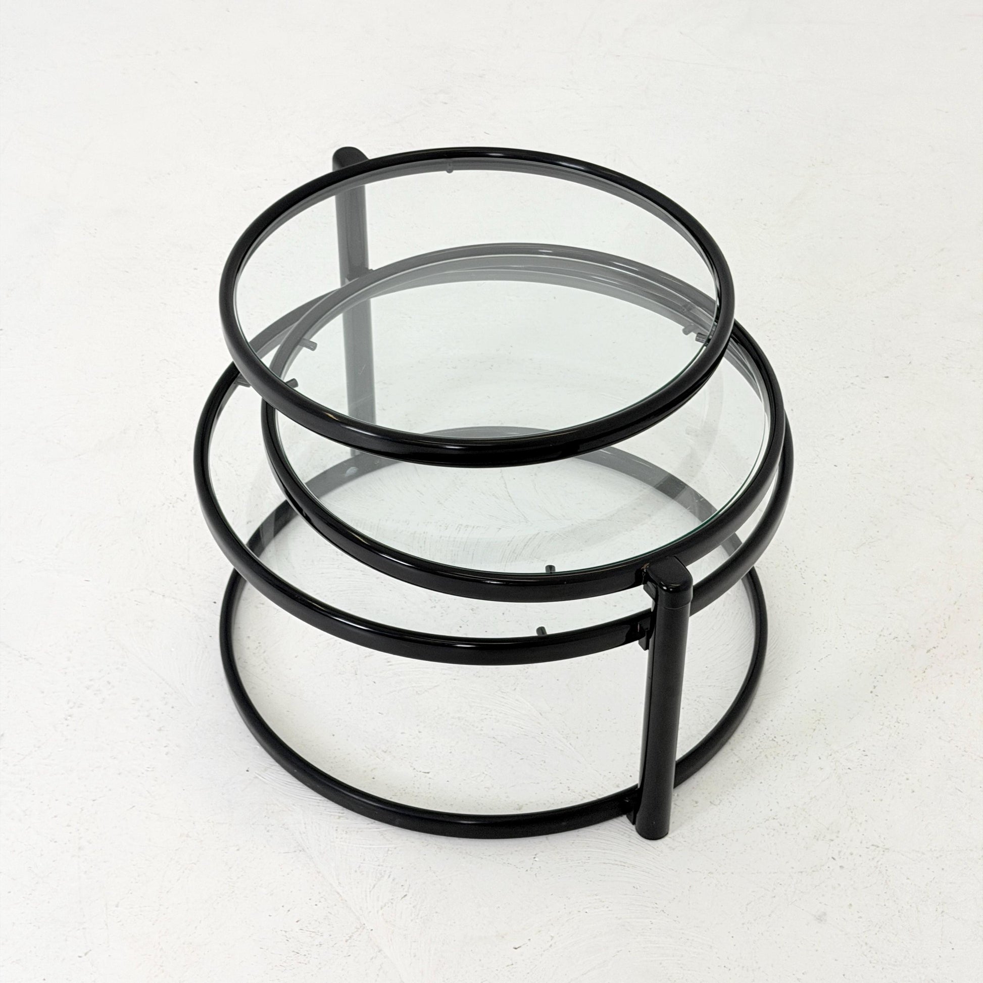 Mid-Century Bauhaus black & Glass 3-Tier Swivel Coffee Table | Milo Baughman Style | 1980s Italy