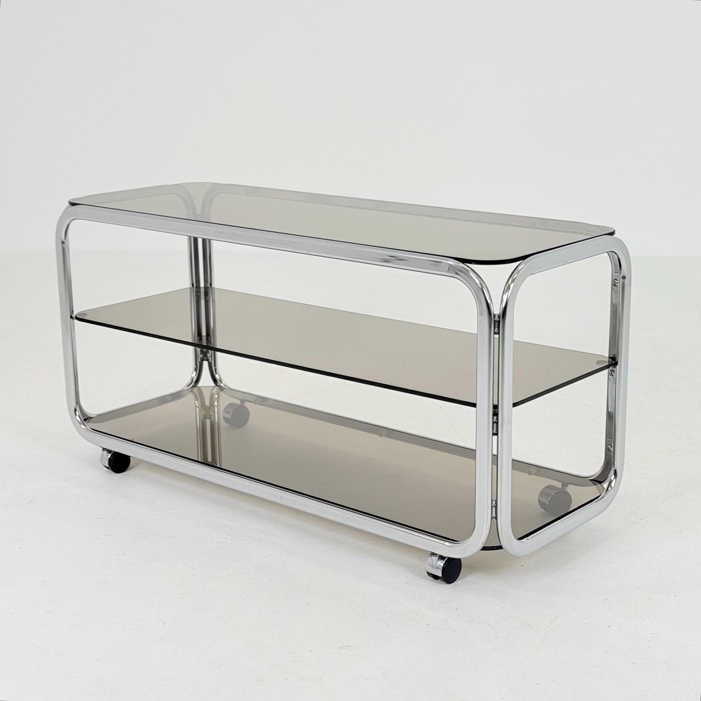 Mid-Century Chrome & Smoked Glass Serving Trolley | coffee table - console 1980s Italy