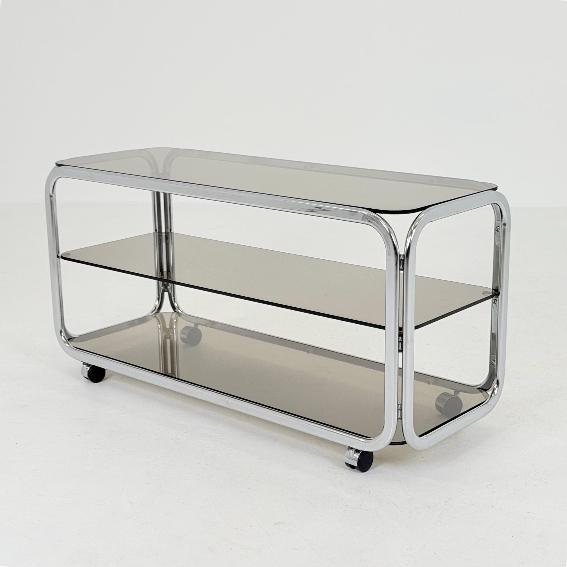Mid-Century Chrome & Smoked Glass Serving Trolley | coffee table - console 1980s Italy