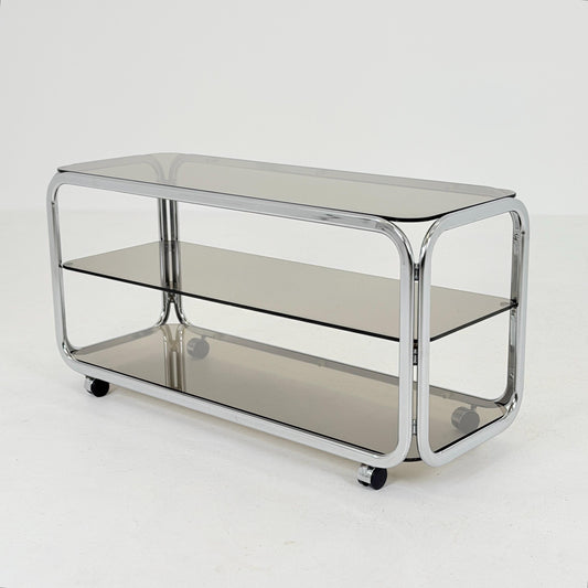 Mid-Century Chrome & Smoked Glass Serving Trolley | coffee table - console 1980s Italy