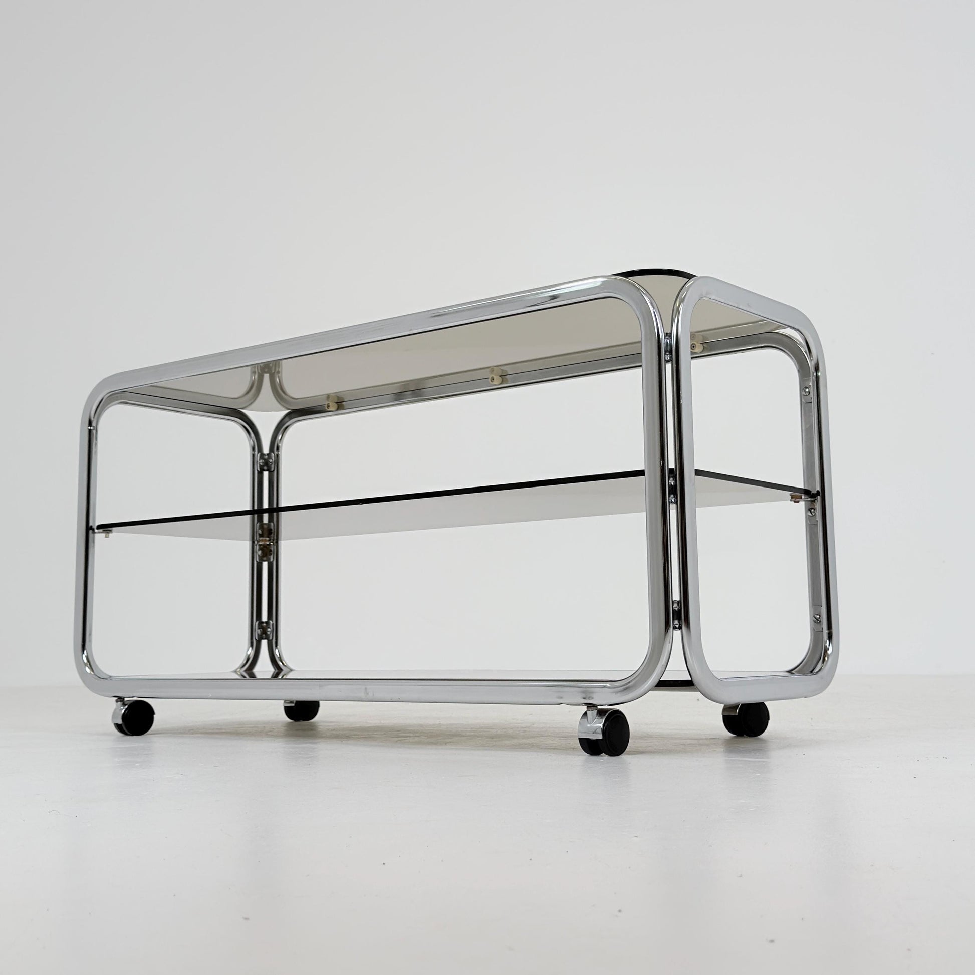 Mid-Century Chrome & Smoked Glass Serving Trolley | coffee table - console 1980s Italy