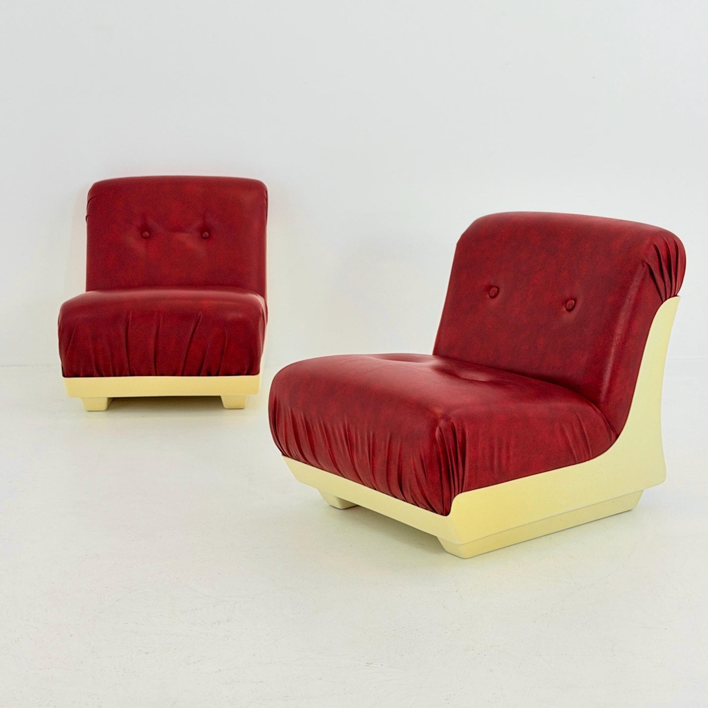Set of 4 Mid-Century Space Age Lounge Chairs Red Leather & Fiberglass Shell, Modular 1970s Design, Germany
