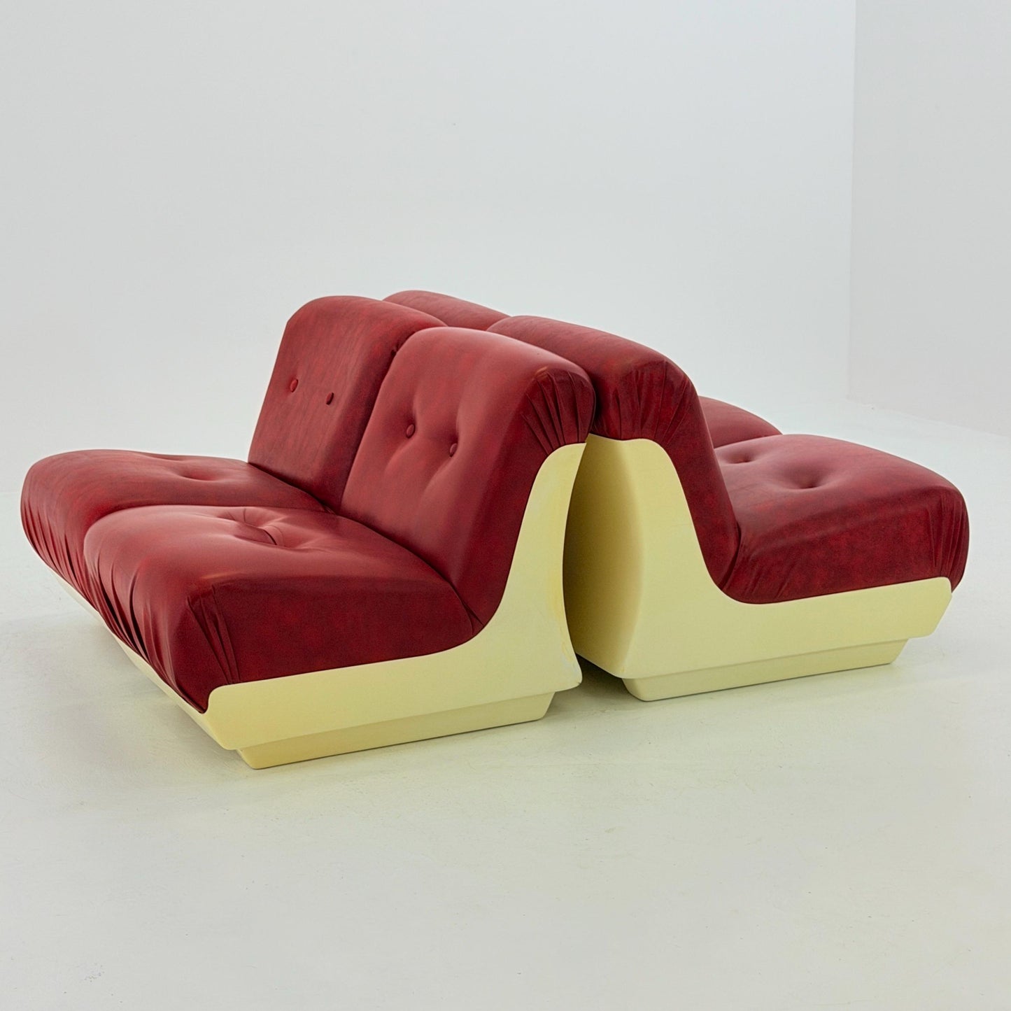 Set of 4 Mid-Century Space Age Lounge Chairs Red Leather & Fiberglass Shell, Modular 1970s Design, Germany