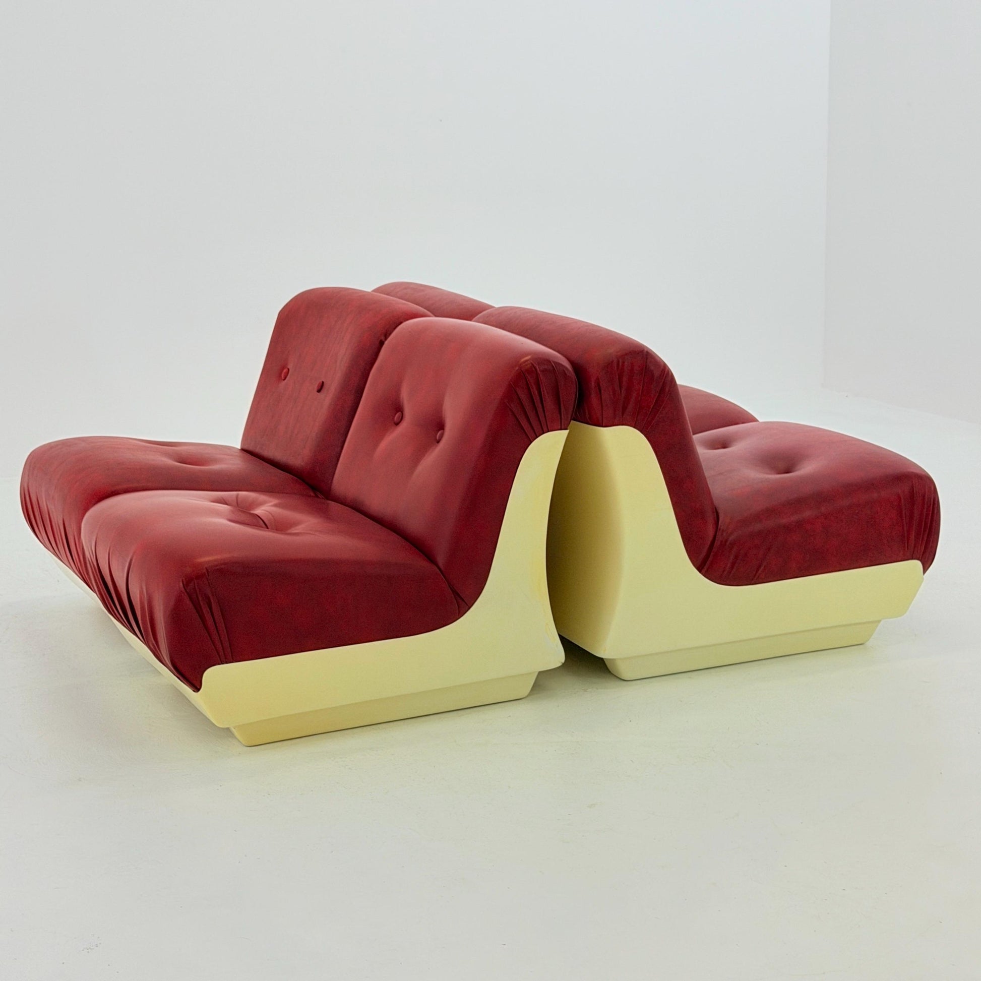 Set of 4 Mid-Century Space Age Lounge Chairs Red Leather & Fiberglass Shell, Modular 1970s Design, Germany