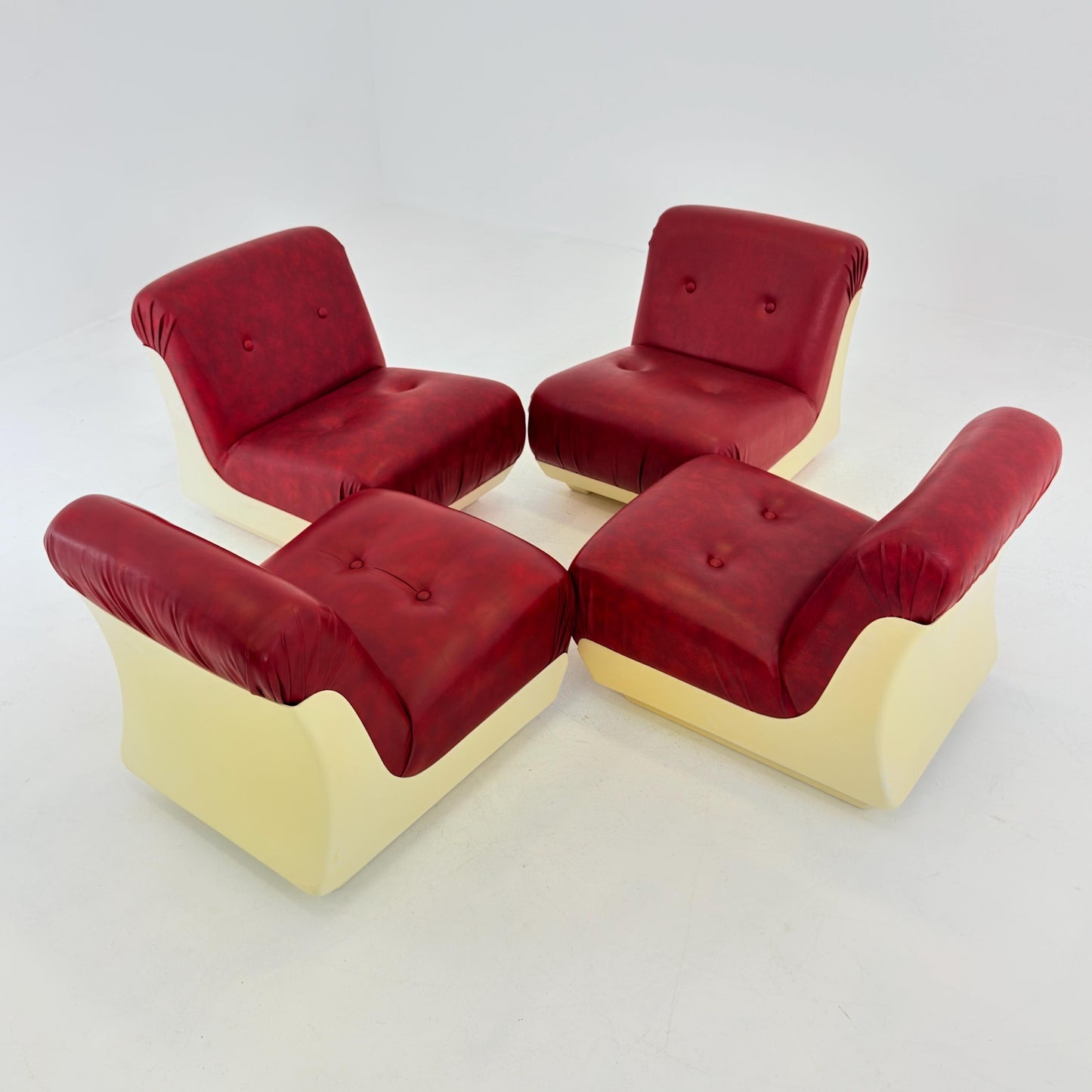 Set of 4 Mid-Century Space Age Lounge Chairs Red Leather & Fiberglass Shell, Modular 1970s Design, Germany