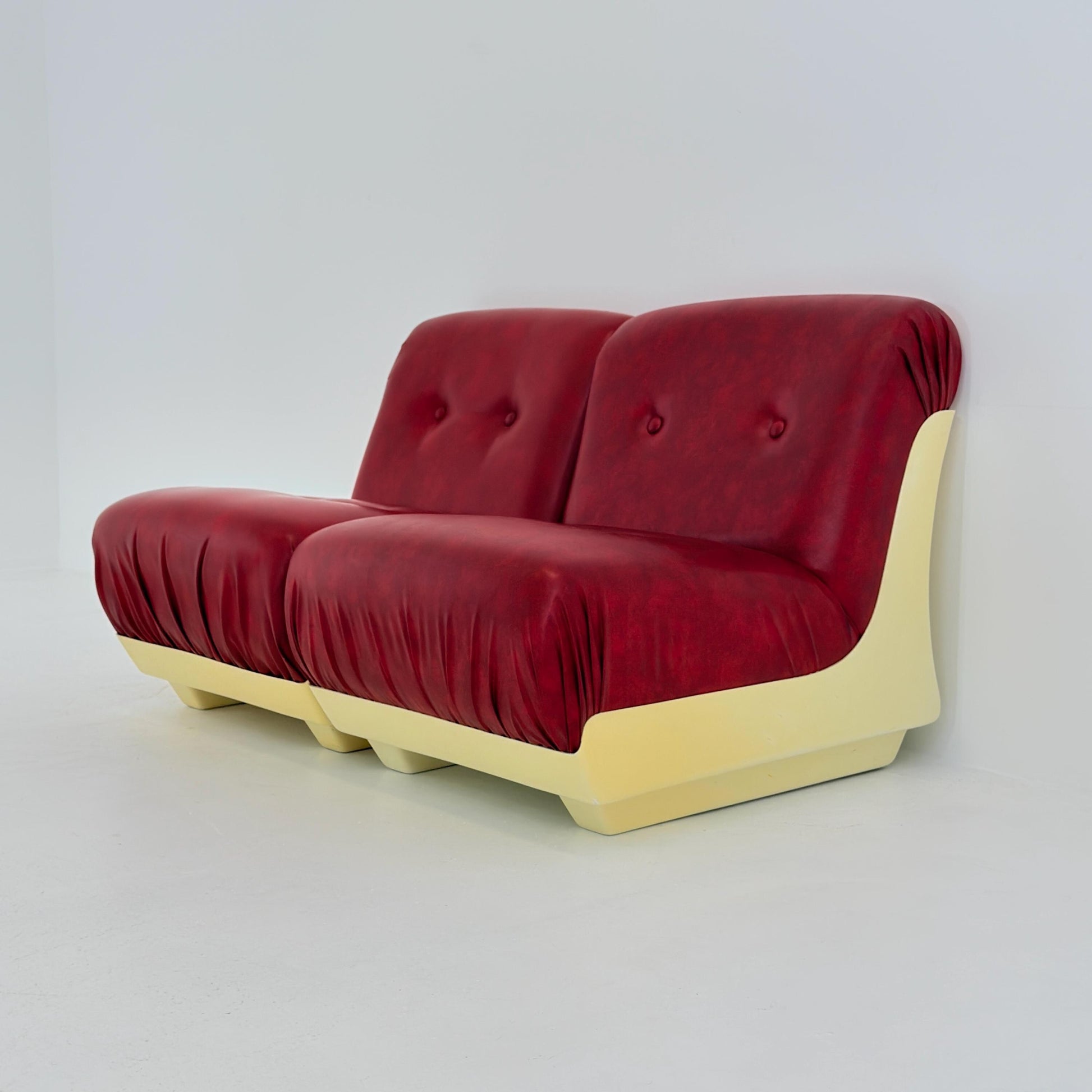 1 of 4 Mid-Century Space Age Lounge Chairs Red Leather & Fiberglass Shell, Modular 1970s Design, Germany