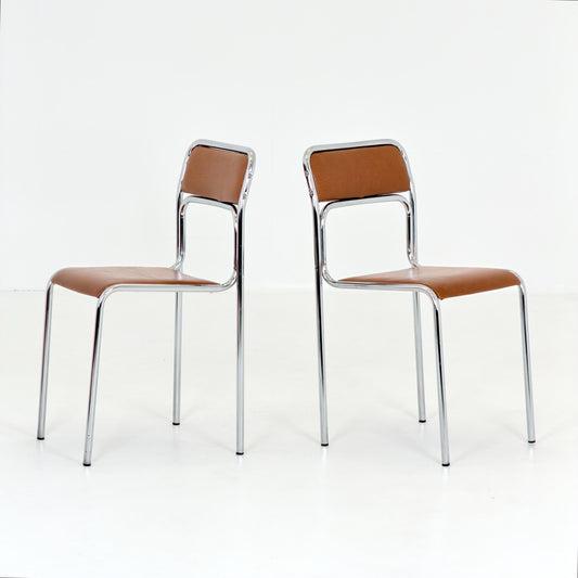 Set of 2 Mid Century Bauhaus minimalistic Tubular Chairs | brown Faux Leather | Minimalist Stackable Chair | 1980s Italy
