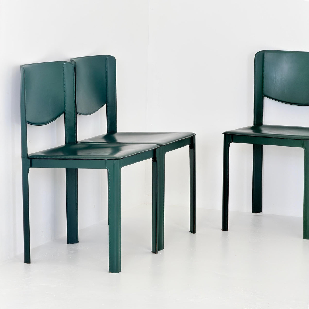 Rare Set of 4 Tito Agnoli Sistina Chairs for Matteo Grassi, Forest Green Leather, Italy 1980s