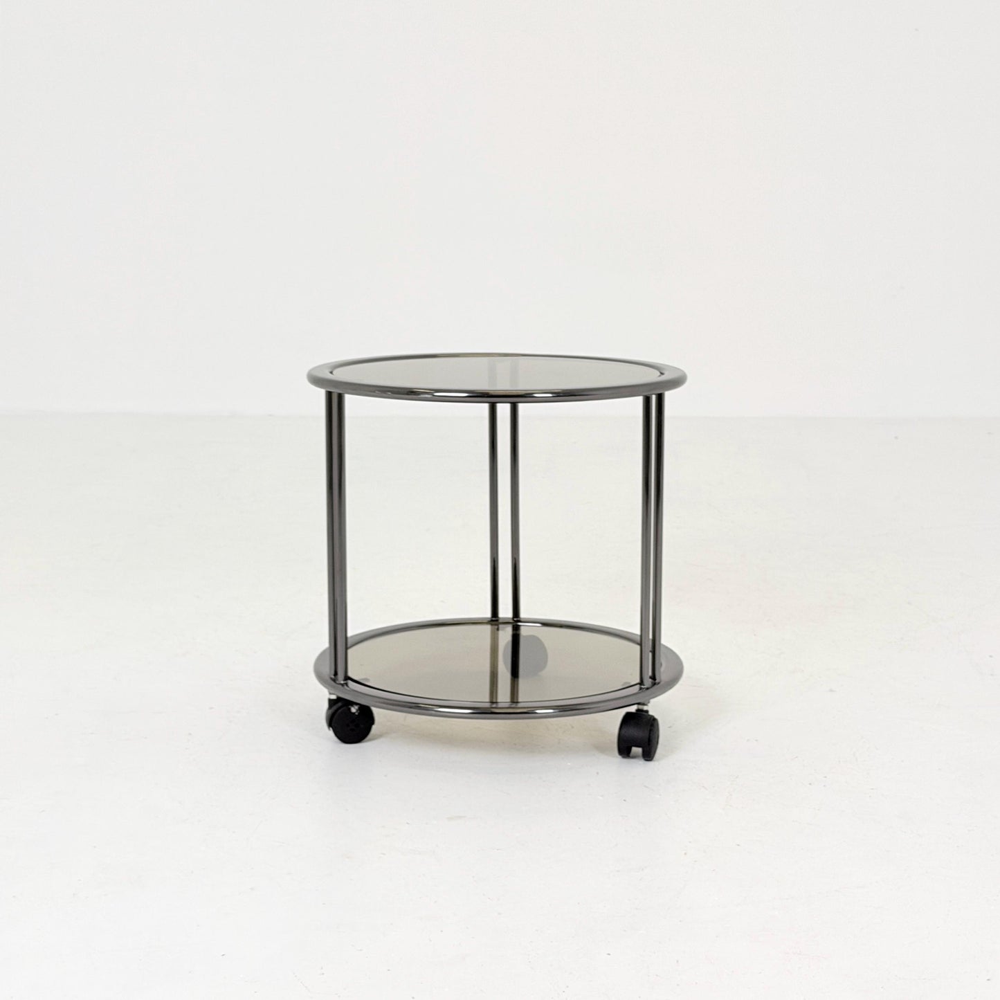 Mid century Chrome bar cart/serving trolley. Smoked glass Bauhaus Italy 1980s