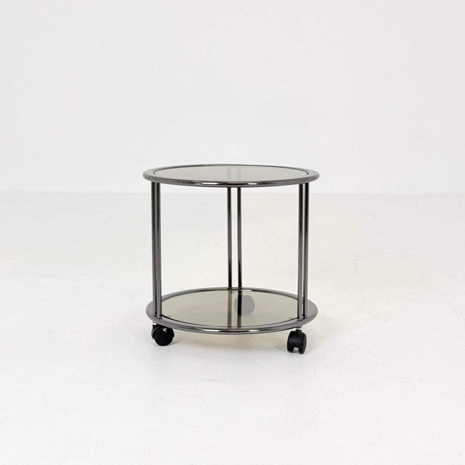 Mid century Chrome bar cart/serving trolley. Smoked glass Bauhaus Italy 1980s