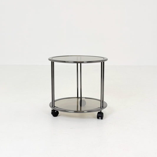 Mid century Chrome bar cart/serving trolley. Smoked glass Bauhaus Italy 1980s