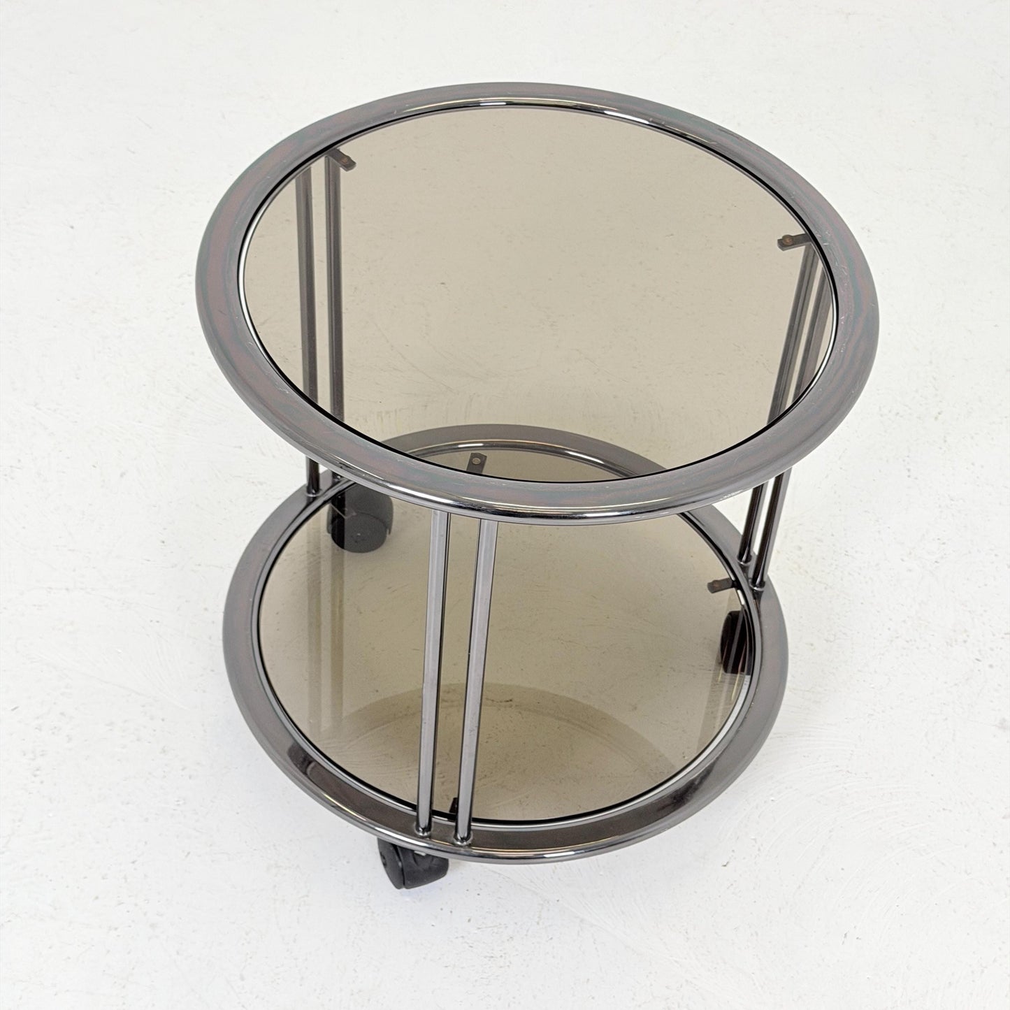 Mid century Chrome bar cart/serving trolley. Smoked glass Bauhaus Italy 1980s