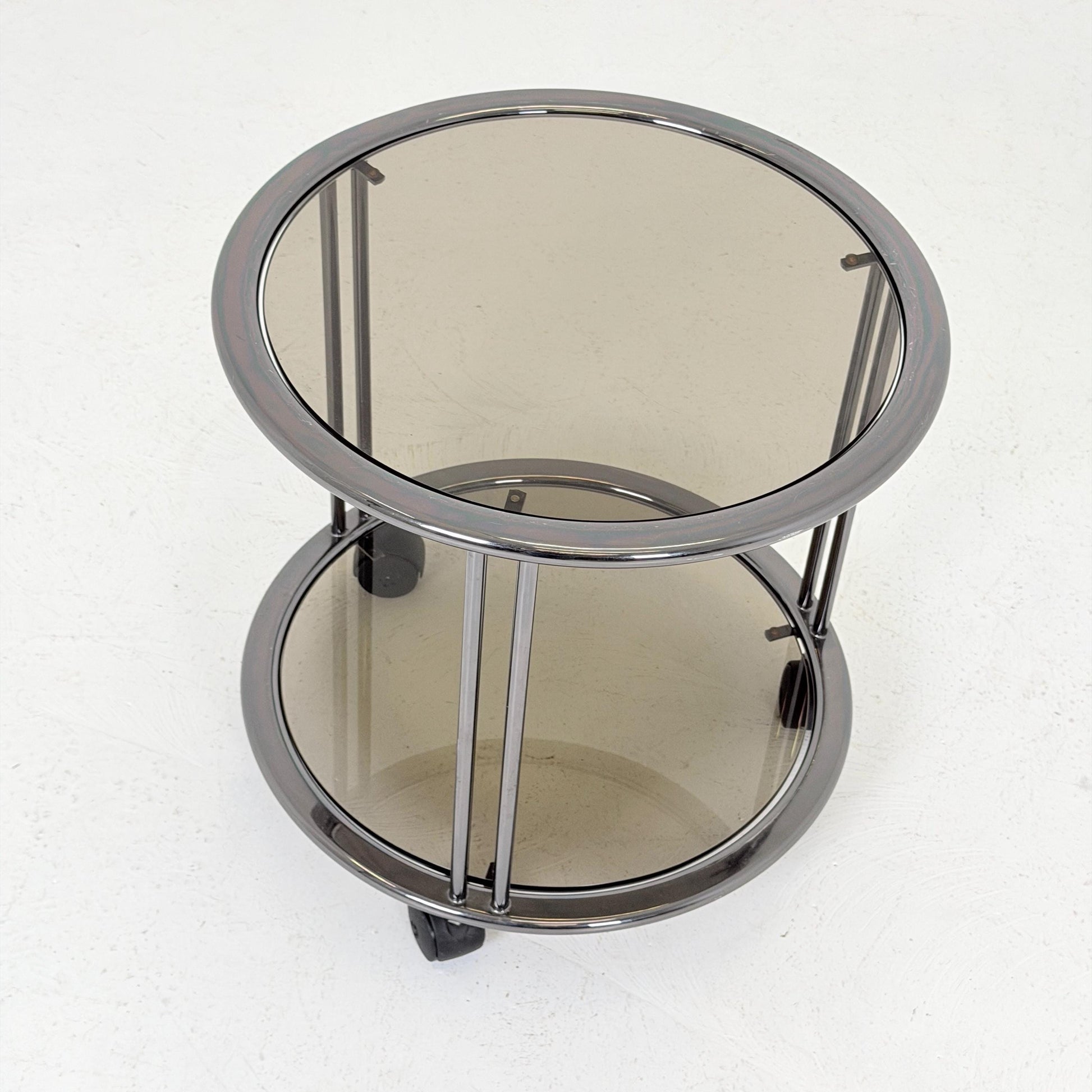 Mid century Chrome bar cart/serving trolley. Smoked glass Bauhaus Italy 1980s