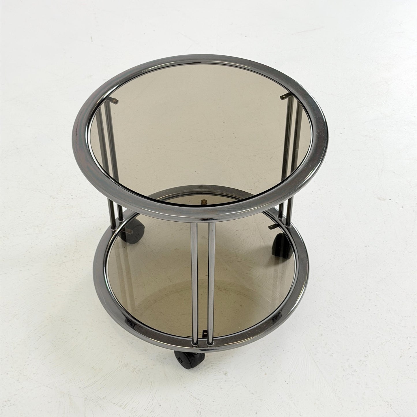 Mid century Chrome bar cart/serving trolley. Smoked glass Bauhaus Italy 1980s