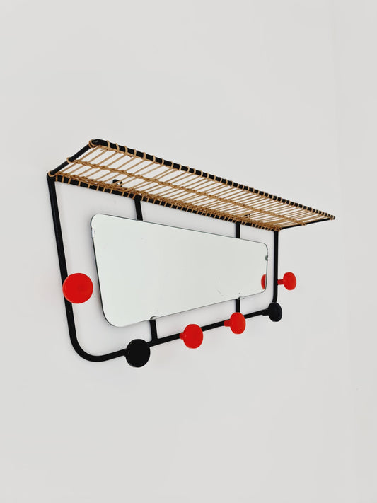 Mid century German Wardarobe with Mirror, Rattan wall coat rack 1960s