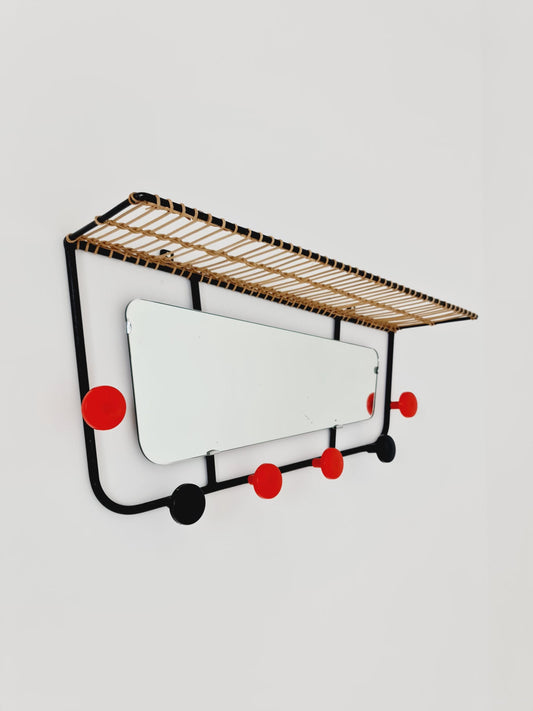 Mid century German Wardarobe with Mirror, Rattan wall coat rack 1960s