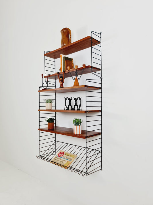 Original MCM Teak shelving system - consists of Black lacquered metal ladders, from string Stockholm 1960s