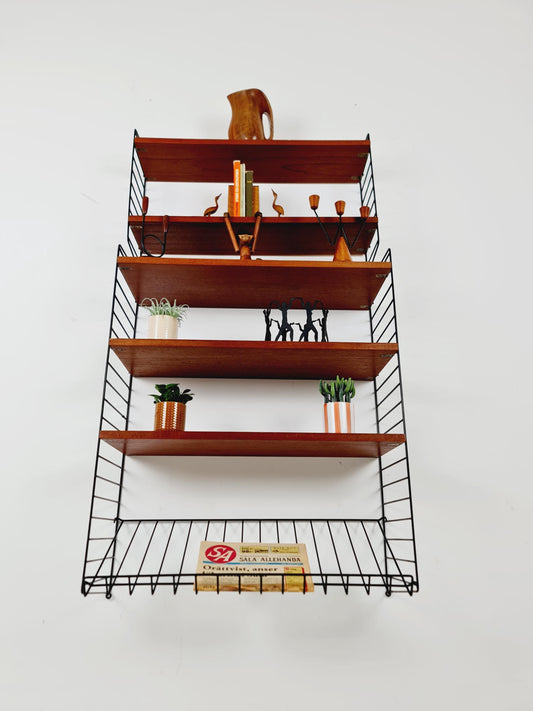 Original MCM Teak shelving system - consists of Black lacquered metal ladders, from string Stockholm 1960s