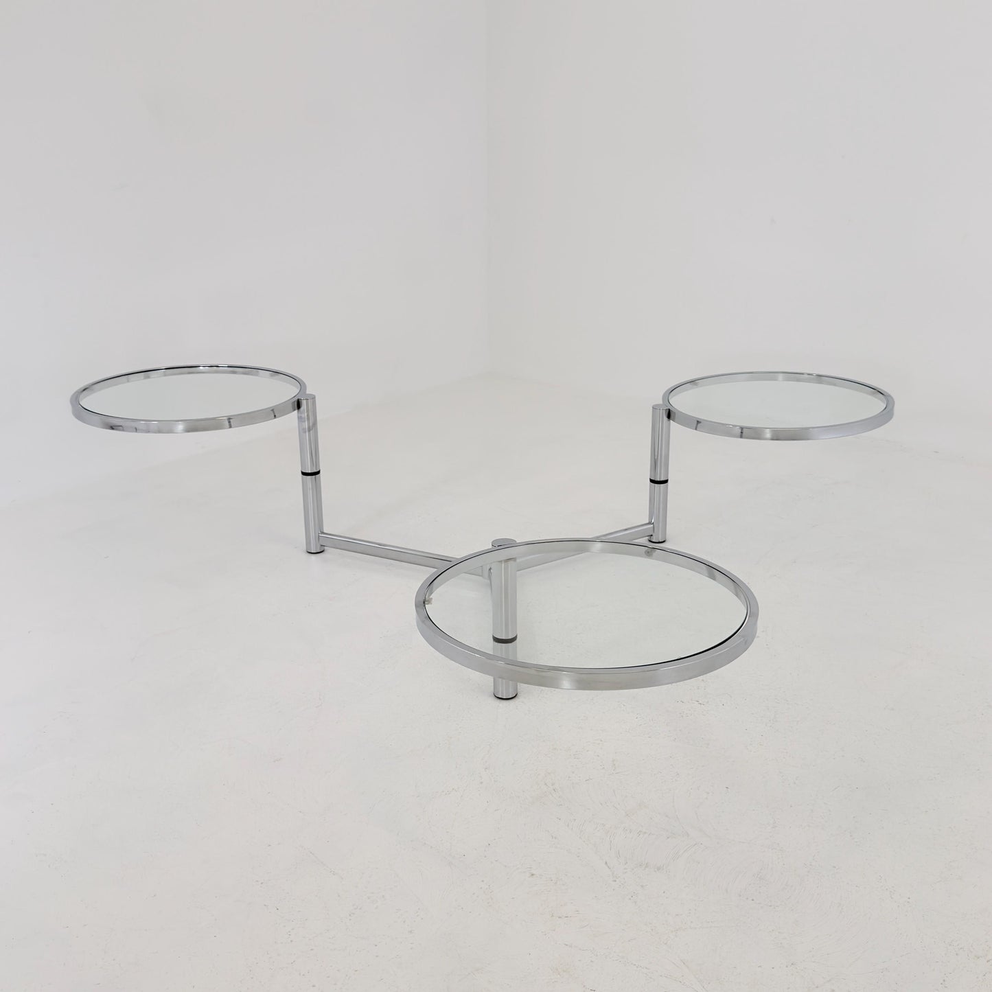 Rare Italian Bauhaus Swivel Coffee Table | Chrome & Glass 3-Tier Couch Table | 1980s