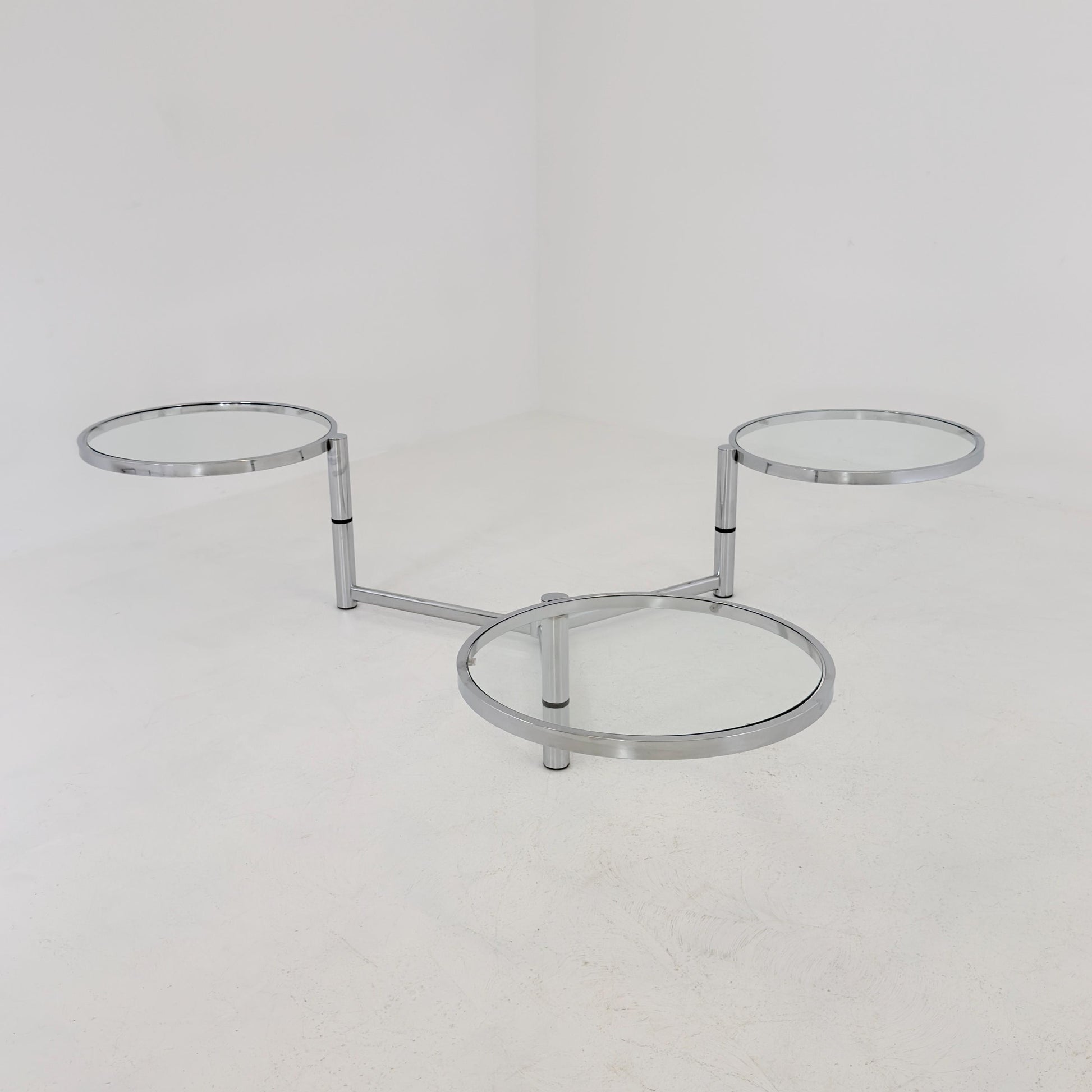 Rare Italian Bauhaus Swivel Coffee Table | Chrome & Glass 3-Tier Couch Table | 1980s