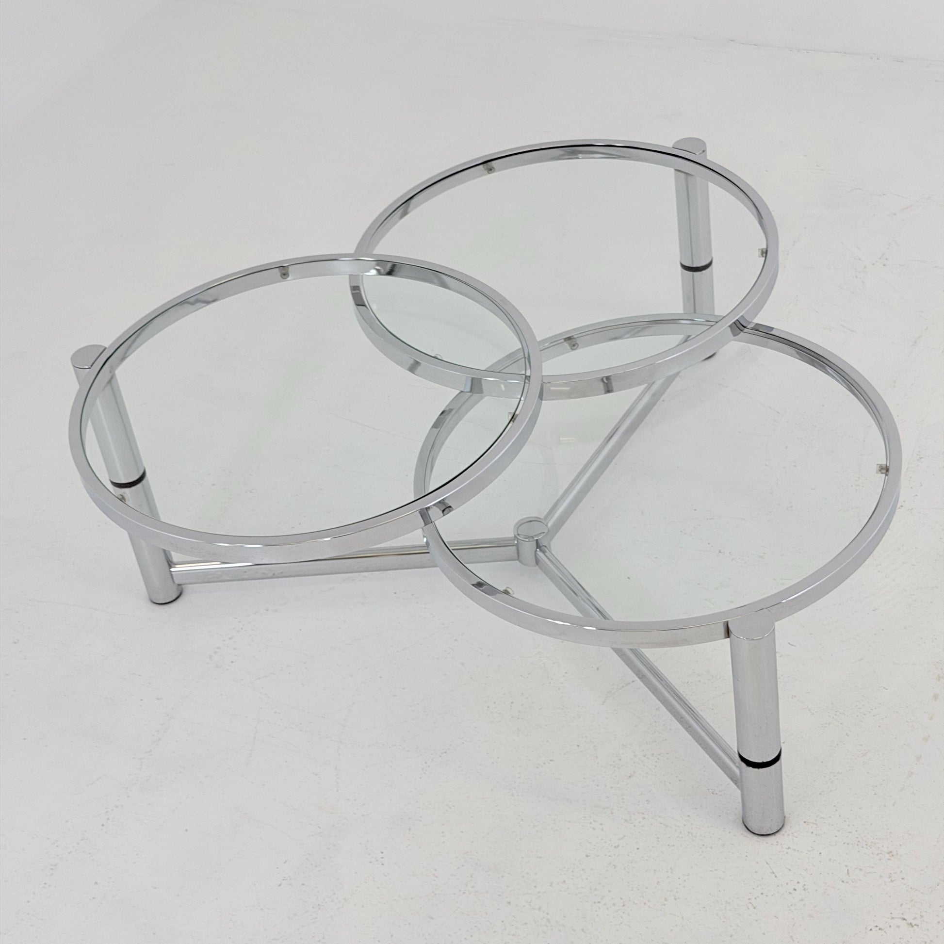 Rare Italian Bauhaus Swivel Coffee Table | Chrome & Glass 3-Tier Couch Table | 1980s